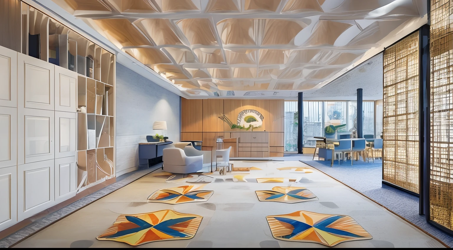 Imagine something modern (Luxury) Le Corbusier-style office.White walls and ceiling、 The floor is designed with beautiful pattern with 450mm square carpet tiles..