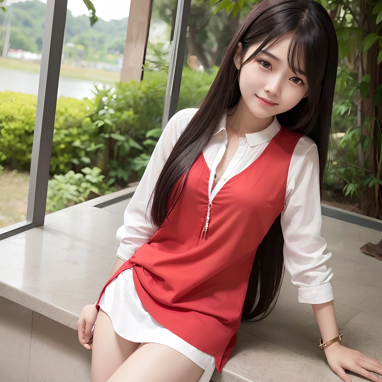 Myanmar girl,21 years old, good looking,long hair,looking at the camera,smiling face, wearing Red blouse, photo showing upper half of the body, white skin,