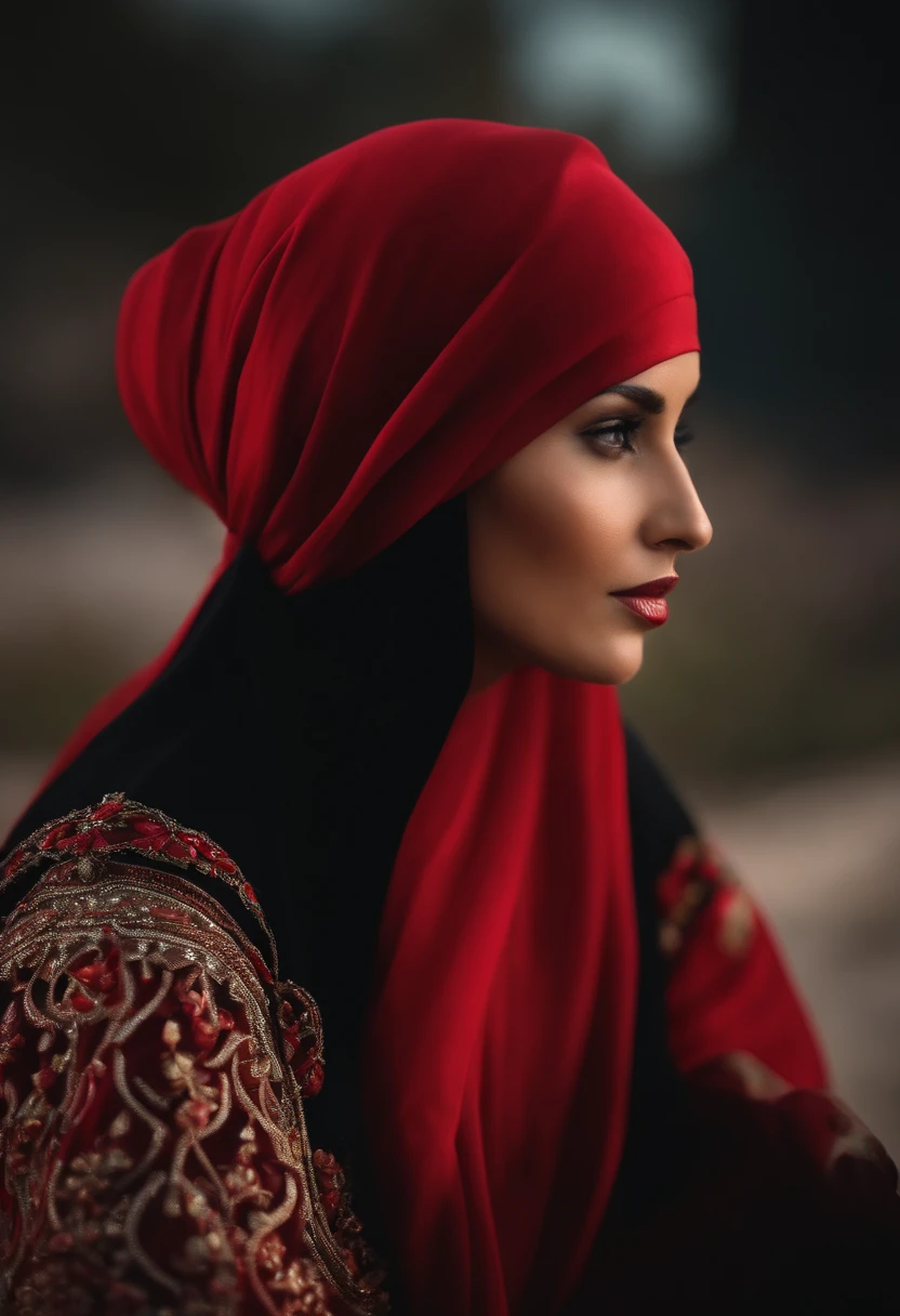 RAW Photo, 25 years old, young, sexy, cute, 1girl, (unique pose, dynamic pose:1.2), detailed straight long hair, (realistic glowing skin texture, best quality, photograph, realistic, detailed, natural light, master beautiful:1.3) Pakistani girl age 25 wearing hijab nsfw(racy) red coloured hairs, brown coloured eyes, red lips, green eyeshadow, black eyeliner, pink eyelashes, Weared jwellery, hot facial , Nose piercing, weared necklace expressions, laying on bed