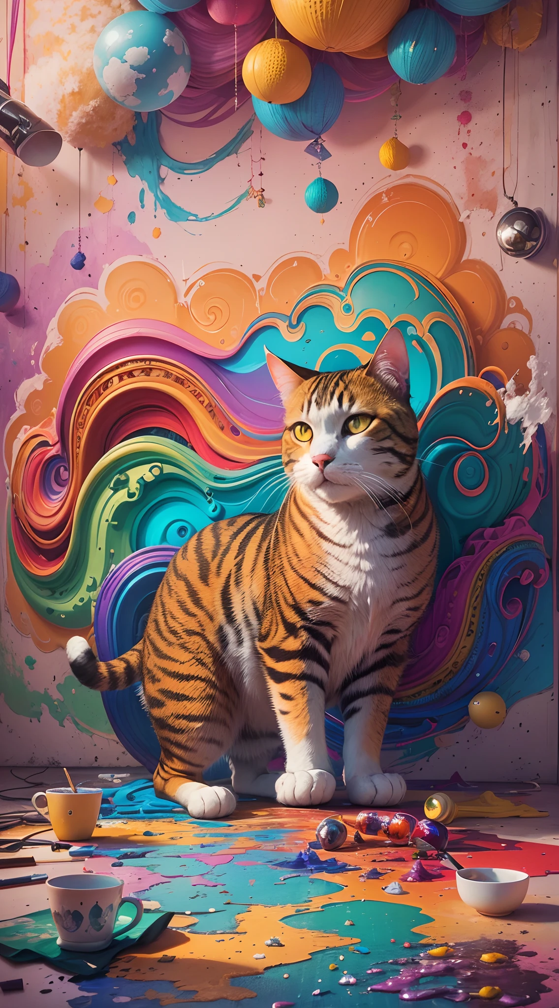 A colorful world,(in the shape of a cat) DreamlikeArt,Painting, Vibrant colors, surreal scenery, Abstract shapes, Fantastic landscape, Vivid imagination, Playful brushstrokes, Whimsical elements, Ethereal beauty, A kaleidoscope of shades, Happy brushstrokes, vibrant paint palette, Dreamlike atmosphere. (Best quality,4K,8K,A high resolution,Masterpiece:1.2),Ultra-detailed,(Realistic,Photorealistic,photo-realistic:1.37), hdr, hyper HD, Studio lighting.
