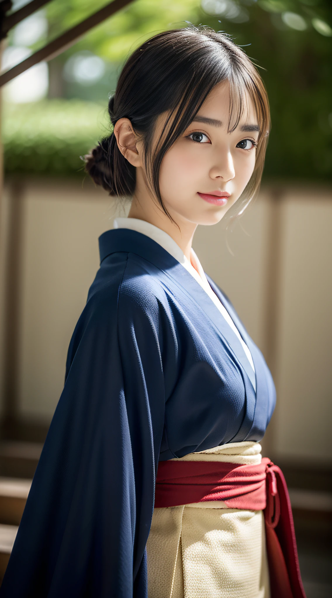 (((32k,high detal,high-detail、masterpiece,Attention to detail,full body Esbian,独奏))),Raw photo & realistic atmosphere,beautiful dark blue eyes,Detailed mouth,Glossy lips,Detailed eyebrows,Eyes drawn in detail with soft white skin that shines with every detail、Very beautiful eyes with azure eyes,Detailed lips、Very beautiful face,Very well-formed face、Lifelike face,shiny beautiful lips,Beautiful eyebrows,Infinite reality, Realistic Young Gravure Idol,Very cute high school girl, , Young Sensual Gravure Idol, Young Gravure Idol, extremely beautiful and cute17--old pointed beautiful girl,with a flushed face,Incredibly beautiful and classy17 year beautiful girl,natural soft light,(Black shiny hair,,bare-legged,Kendo kimono and hakama,Beautiful kind eyes:1.5),(youthfulness,Wearing kendo equipment,Exposed thighs,Thighs protruding from hakama,Gentle smile,well-shaped breasts,,Immature body,Japan Kendo Kimono,Kendo Match,Japanese style berry shorthair,Hang your hair high and tie it into one,Beautiful posture,posterior view,facing back,no-makeup,woman samurai,woman swordsman,Influence of Shinsengumi,Looking into the distance,Japanese pattern haori,Depression:1.6)