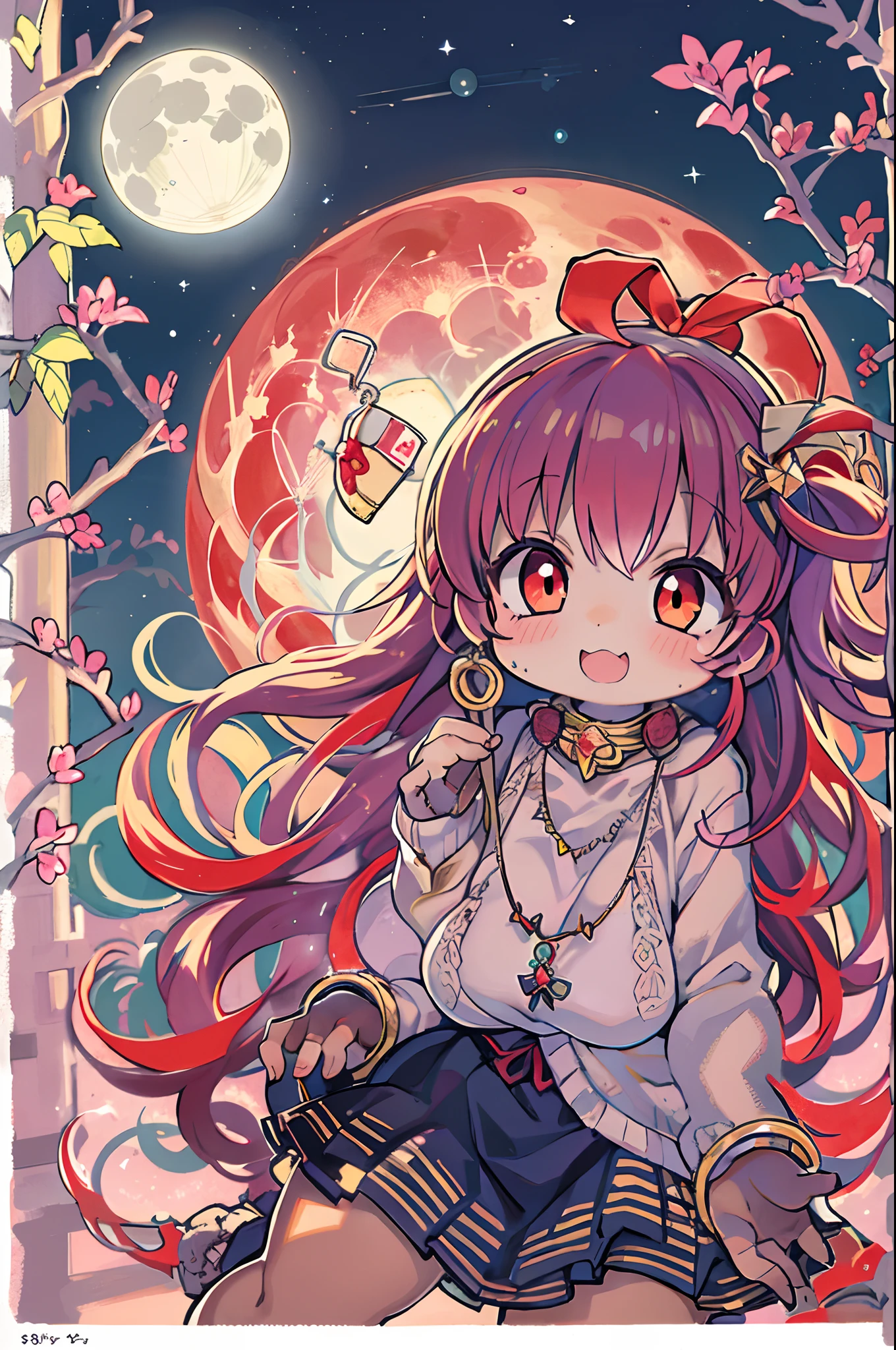 girl, looking at you, Face, High quality, Radiant, natta, red velvet,under big full moon、Looking up at the moon、fullmoon、Chibi