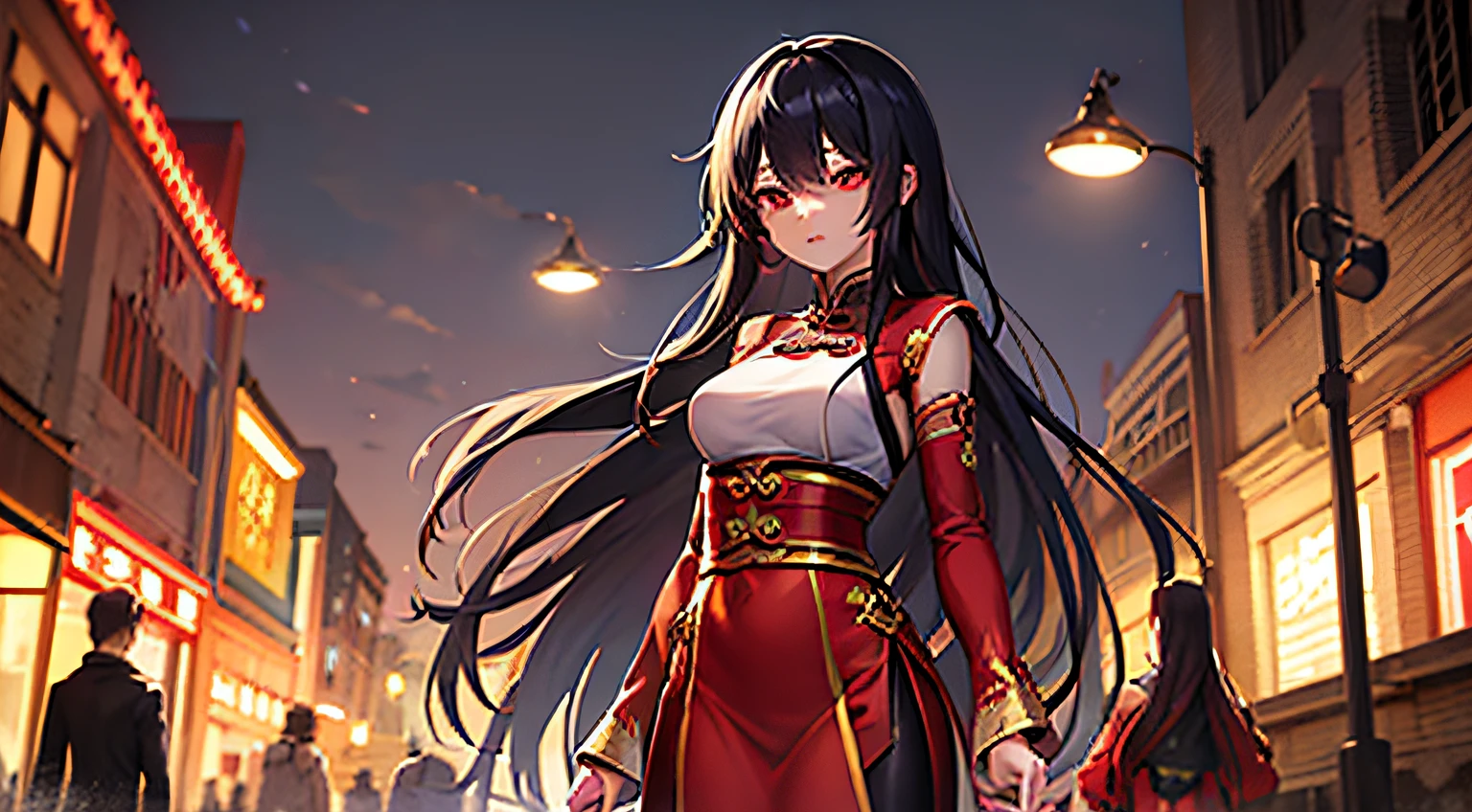 Showy anime，young anime man，An animated character of an extremely beautiful woman，Long black hair to the waist，Red ancient Chinese wedding dress，Royal sister anime girl，Red eyes，Faraway view，full bodyesbian，frontage，The expression is noble and cold，Stand under the street lamps of the city at modern night