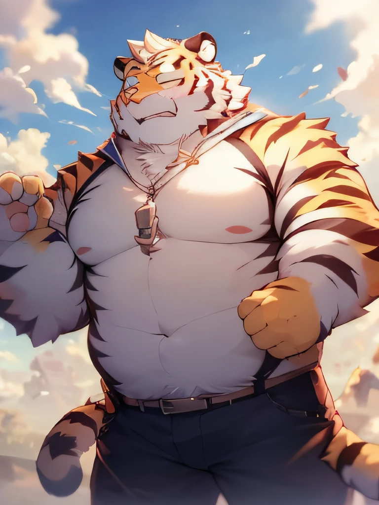 the white tiger，chest muscle，Furry Tiger，musculature，barechested，eyes with brightness