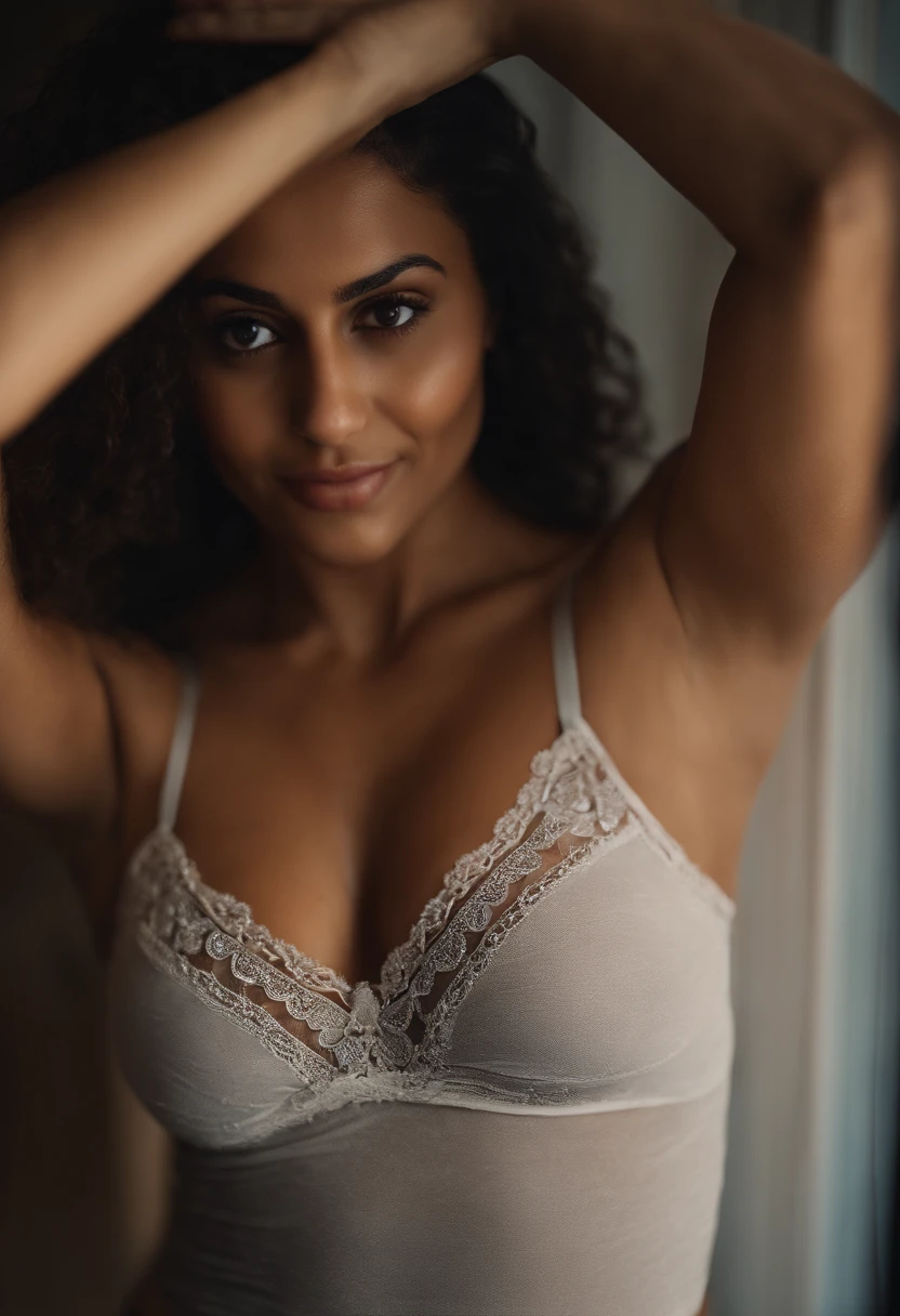 Photos taken in selfie photos realism (highly detailed :1.3) of a beautiful brown woman European type(highly detailed :1.2) yeux lisses marron( highly detailed :1.2)Big sexy underwear in the wet bathroom mirror background view on it's buttocks