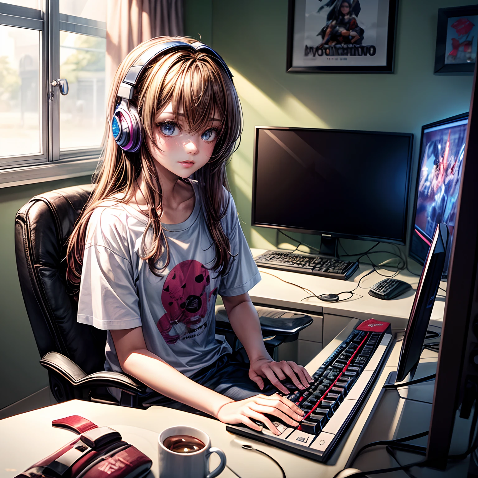 A girl sits on a soft chair in her room, in front of her is a desk with a complete gaming computer setup, on the table lies a sophisticated mechanical keyboard and gaming mouse, as well as a wide monitor that displays a virtual world with amazing graphic quality, next to her is a gaming headset, his long brown hair fell naturally, flowing down to his shoulders, his eyes twinkling, he was wearing comfortable clothes, such as a t-shirt or short-sleeved shirt with a pattern depicting his interest in gaming, his finger on the keyboard, around him, the walls of the room are decorated with game-posters, as well as a collection of gaming toys or accessories, a small table nearby serves as a place for snacks and drinks to keep his energy up during intense play sessions.