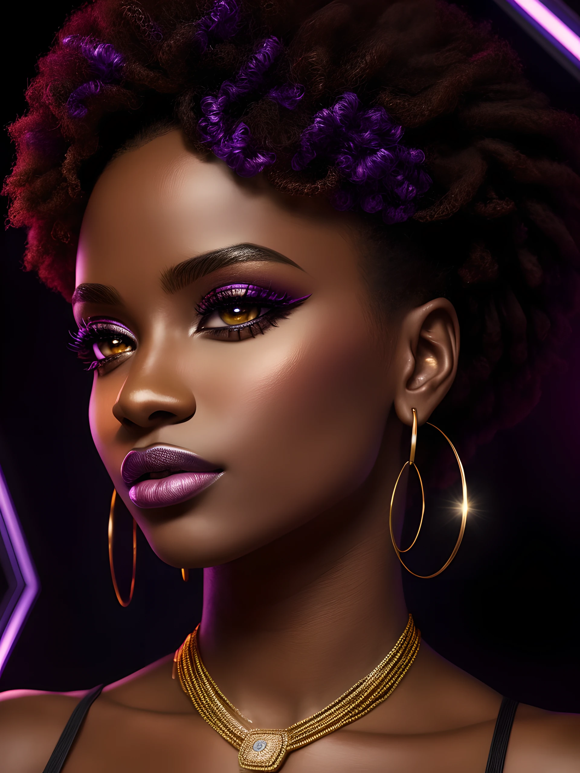 Top Quality, Photorealistic, 8K, High Definition, absurd res, high res, ultra sharp, masterpiece, (masterpiece), best quality, expressive eyes, perfect face, Super eyes, African deity, glossy lips, purple glitter eyeshadow, glamour model, confident woman, slim, black textured hair, hoop earrings, dark skin, light-brown eyes, glowing skin, on the runaway, cameras, flashing lights. modern,