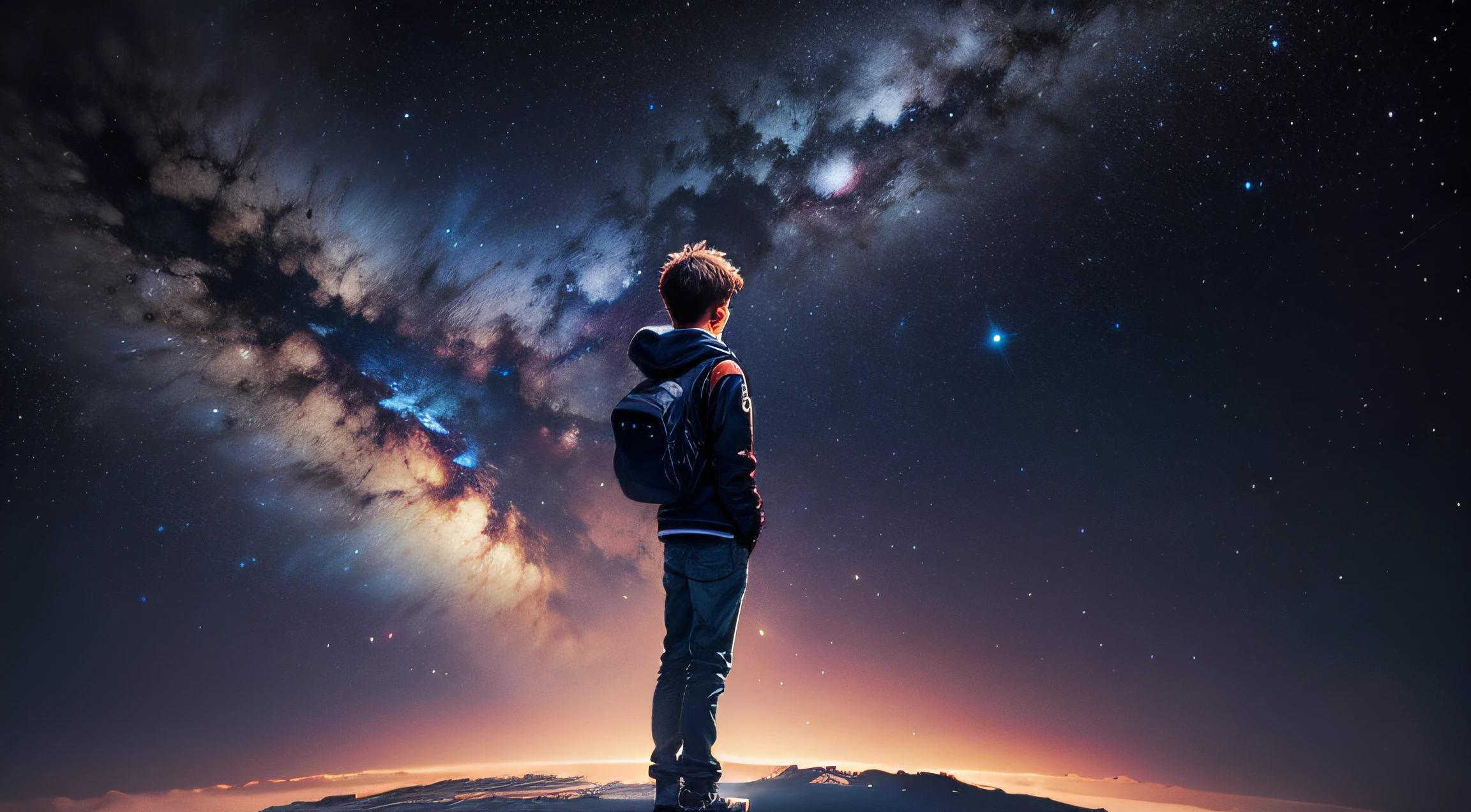 A teenage boy standing on top of the planet looking at the milky way