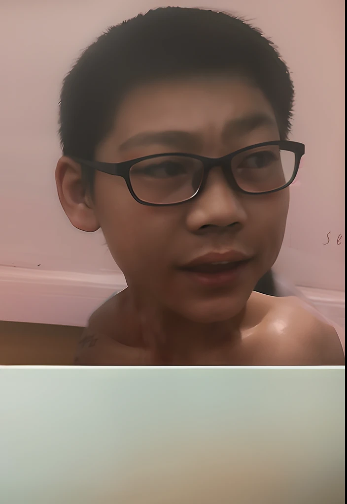 Andrew thomas huang, seducing, oval face, eyeglasses, neat muscular, lying on bed, (((nude, pubic hair, hands between legs))), full body, low shot, bedroom background