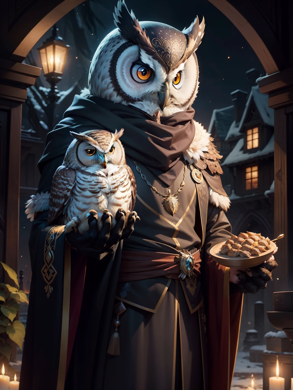 Regal owl, Guardians of the Night and their secrets.Owl holding a handful of roasted meat in his hand The background of the night is grand and exquisite and dreamy