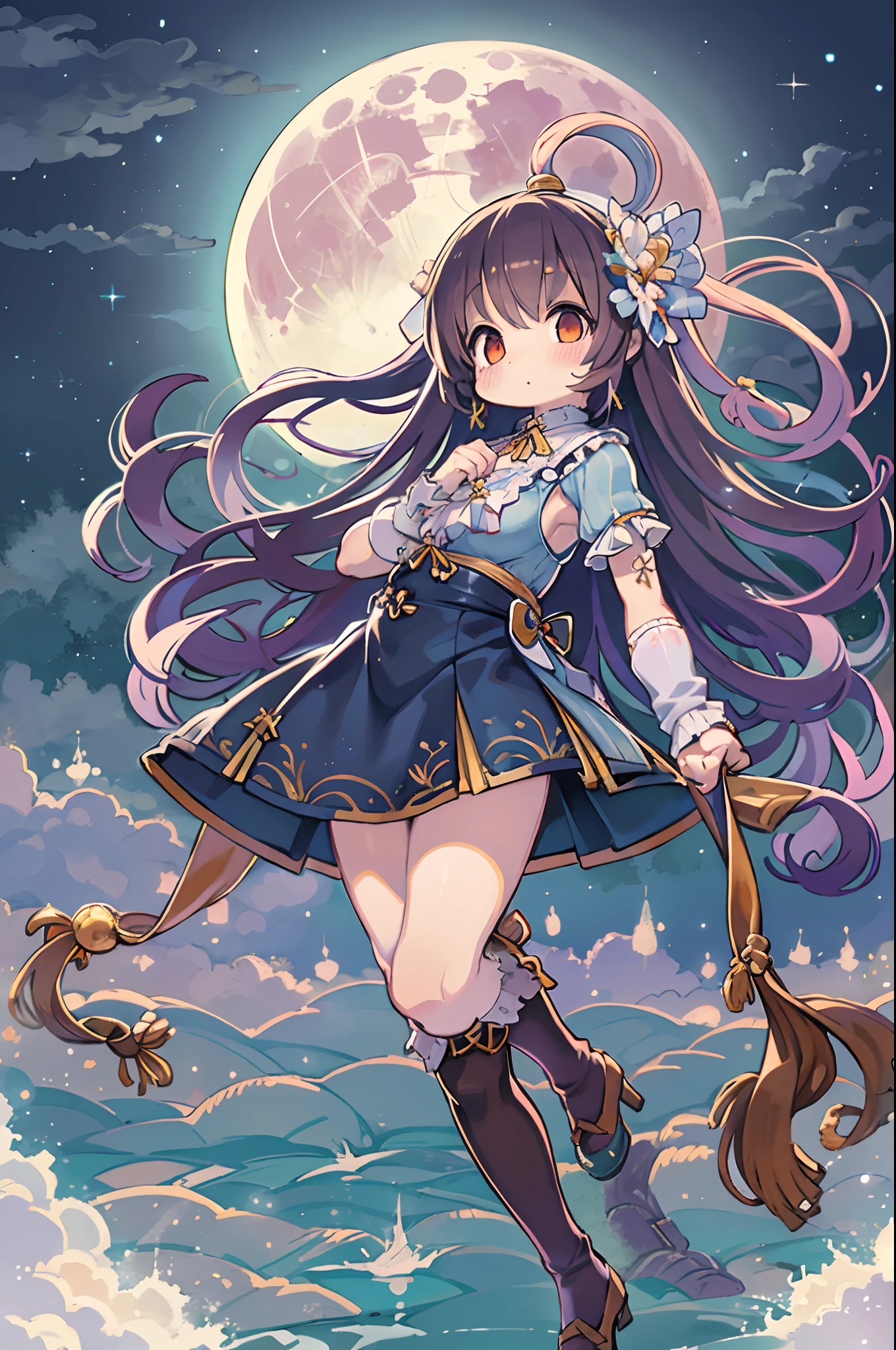 girl, looking at you, Face, High quality, Radiant, natta, red velvet,under big full moon、Looking up at the moon、fullmoon、Chibi
