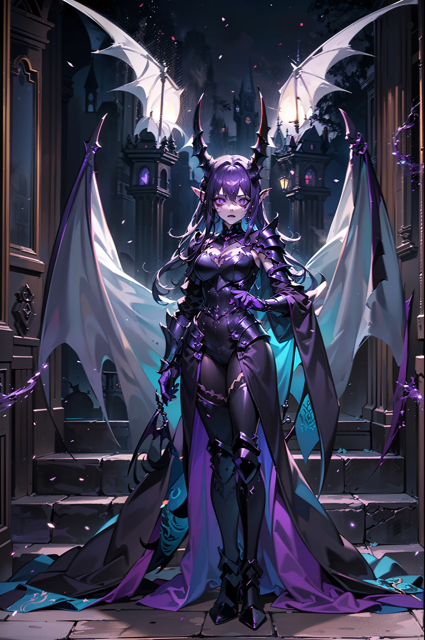 {{masterpiece, best quality, extremely detailed CG, unity 8k wallpaper,anatomically correct,ultra resolution}},Award-winning photography,(best illumination,Very Delicate and Beautiful),{one girl,solo,dragon girl},full body view,knight,(black long hair:1.5),purple eyes,(extremely beautiful and detailed face:1.2), (extremely beautiful and detailed eyes:1.2),perfect hands,delicate legs,((black dragon horns,dragon wings,one dragon tail:1.2)),(epic),pointy ears,purple earrings,purple jewelry,skinny,((full body Plate Armor:1.2,breastplate,greaves,armored boots,armored gloves)),looking at viewer,dark persona,evil,(cute:1.5),((night, dark atmosphere, dark theme, scary atmosphere, darkness:1.5)),dramatic shadows,(dimly lit:1.5),(purple Luminescent Particles:1.4),depth of field,(outdoor:1.5,haunted Gothic castle:1.2),{perfect human body structure with maximum precision}