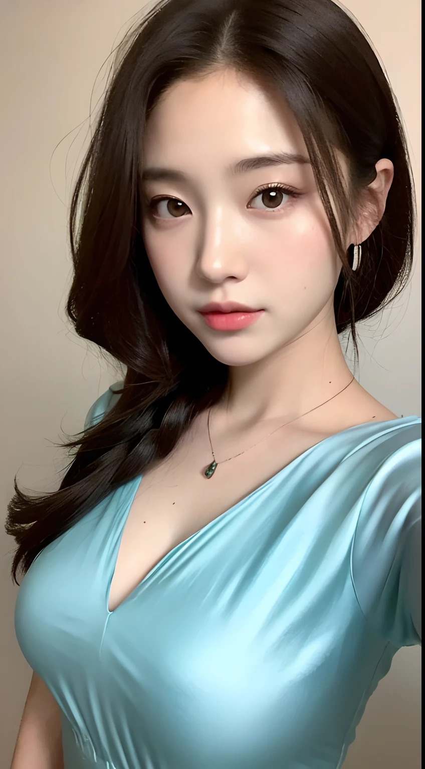 ((The highest image quality, 8K, tmasterpiece:1.3)), 1girll, Beautiful woman with slender abs:1.3, (casual hairstyle, No leakage of big breasts:1.1), V Neck Dress:1.1, Silk dress，Ultra-fine face, A detailed eye, 二重まぶた，ssmile，Home，adolable，Parted Lip，japanaese girl，a 