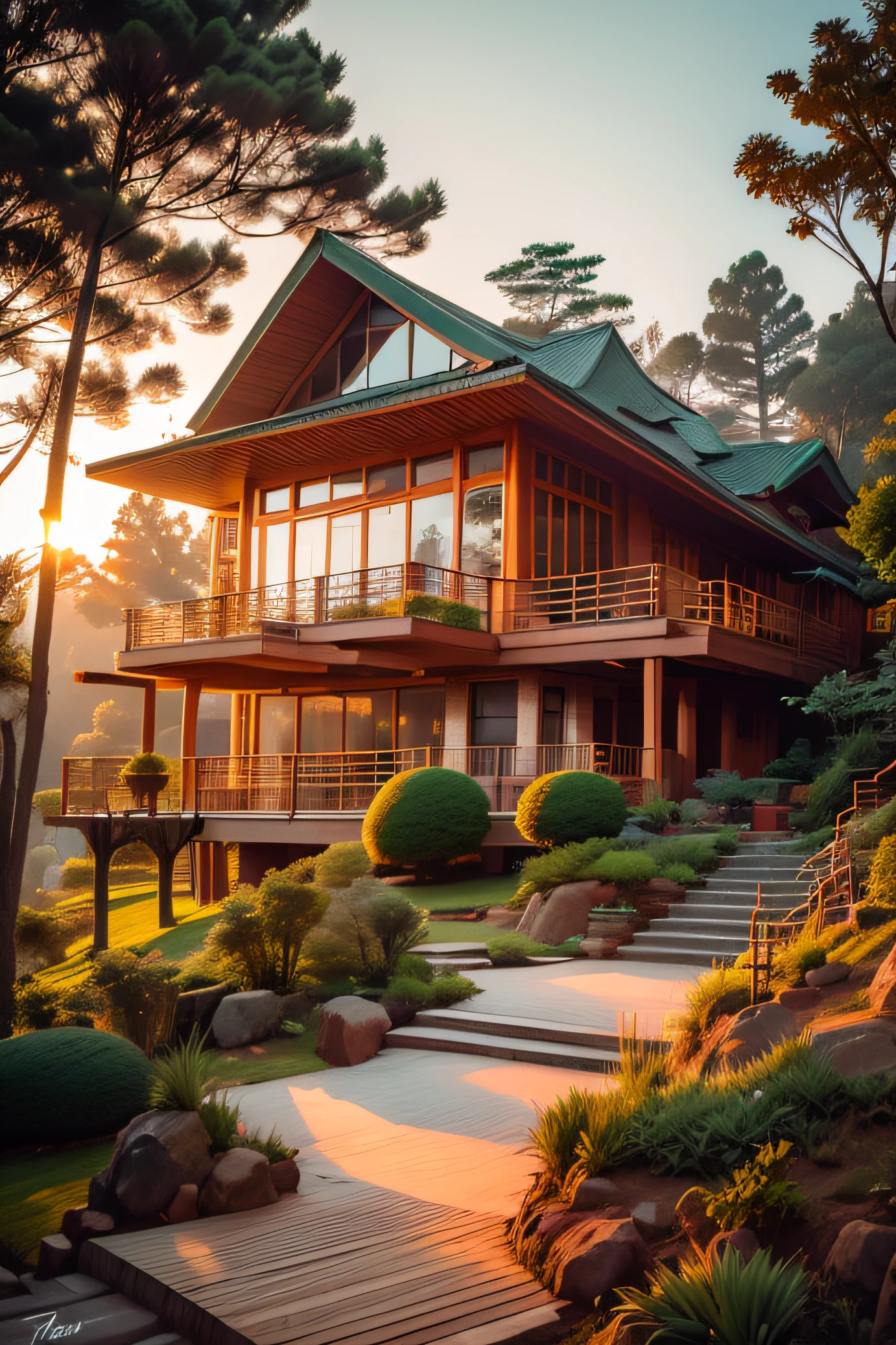 ((A photography showcase of Fallingwater, the iconic architecture by Frank Lloyd Wright located in Mill Run, Pennsylvania. Through the lens of Ansel Adams, using a 35mm lens, the scene captures the houseâs unique cantilevered terraces amidst the verdant forest. The color temperature exudes a cool blueish tint. No facial expressions as the primary focus is on the structure. Ambient light from the sun provides a gentle glow to the scene, casting soft shadows. The atmosphere is serene and timeless)) Dive into the world of Photography that captures the essence of Frank Lloyd Wright's modern "Frank Lloyd Wright's modern style villa" with a focus on the architectural marvel of Fallingwater. Through a 35mm lens, witness the structure in intense clarity and sharpness. The image has a warm color temperature that highlights the building's iconic cascading forms. No facial expressions are present as the image focuses solely on architecture. The lighting is natural, with the sun casting soft shadows on the structure, giving depth and texture. The atmosphere feels serene and untouched by time A modern house seamlessly integrates natural elements into its design. featuring a balcony adorned with lush greenery and a front yard that blends nature with the environment. Soft ambient lighting casts a warm and welcoming glow. Channeling the spirit of renowned architect Frank Lloyd Wright, this design showcases his signature organic architectural style. The medium for this artwork is an architectural blueprint rendered in high-definition 3D graphics, emphasizing every detail of the design. The color scheme mainly consists of earthy tones and various shades of green, enhancing the connection to nature