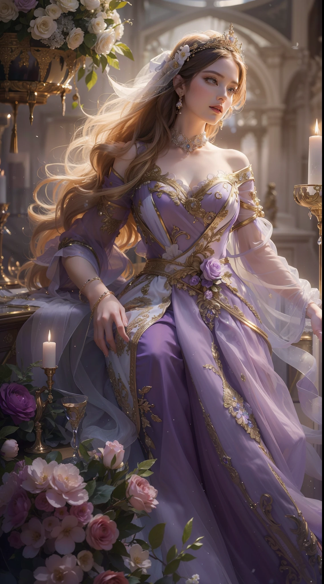 (Best quality,8K,A high resolution,Masterpiece:1.2),Ultra-detailed,(Realistic,Photorealistic,photo-realistic:1.37),Portrait,Creative style artwork,Historical,classical,Sophisticated,plethora of colors,Highly detailed,Soft lighting,luxurious environment,Delicate fairy flowing dress dress,detailed jewellery,Ethereal atmosphere,Elegant Pose,Graceful curves,Gold body proportions，Flowing and fluffy hair,Breathtaking textile patterns,Bright and clear purple eyes,Delicate floral decoration,A dazzling array of shiny crystal accessories,Mysterious and dreamy atmosphere,Impeccable attention to detail.