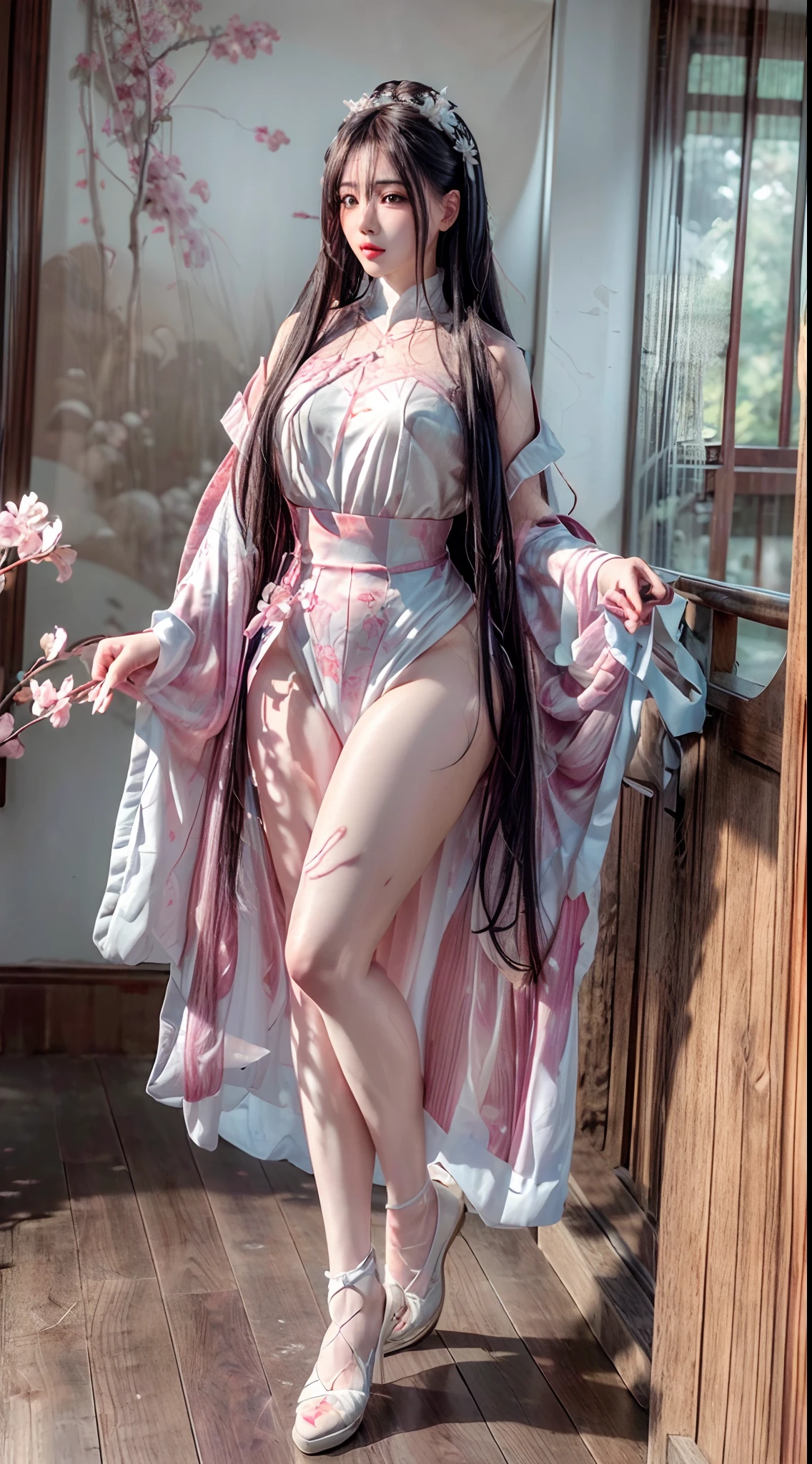 (Best quality, 4K, 8K, A high resolution, Masterpiece:1.2), Ultra-detailed, (Realistic, Photorealistic, photo-realistic:1.37), Portrait, Beautiful flowing long hair, Gray iris,vacant gaze, Plump pink lips, The ends of the hair are dotted with white flowers, Slender figure, Panoramic view, black formal, Detailed legs