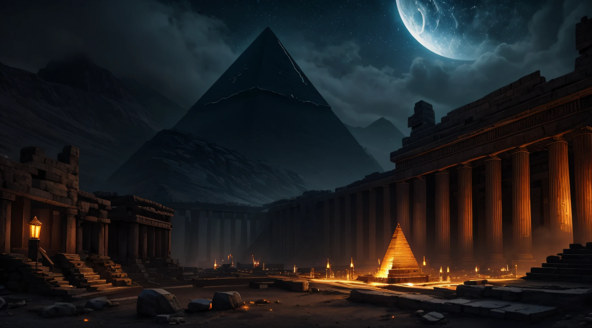 A view of a pyramid in the middle of a desert with a full moon in the ...