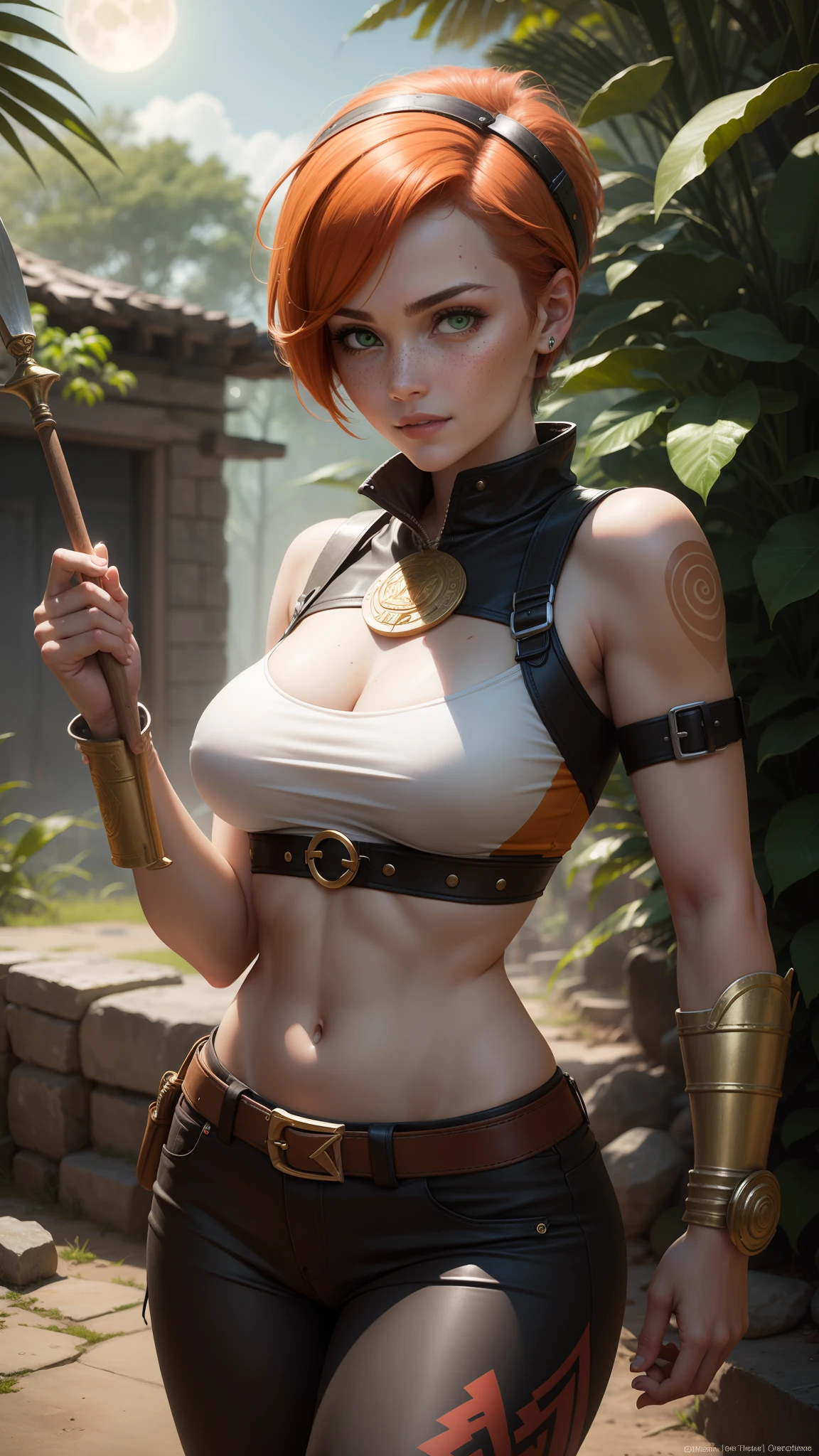 Gwen Tennyson,tracer,don't be,Rebecca Chambers,Kukulkan,1 girl,aztec warrior, full armor,Aztec hats,Mayan jungle,Mayan tattoo,green eyes,thigh high boots,short hair,orange hair,Moonlight,Mayan city,shy smile,tribal pants,freckles,redhead,beautiful girl,big breasts,Gold jewelry,ultra detailed,realistic,Holding a spear, Elven Character, naked, pointy ears, skinny, Ultra-high detail
