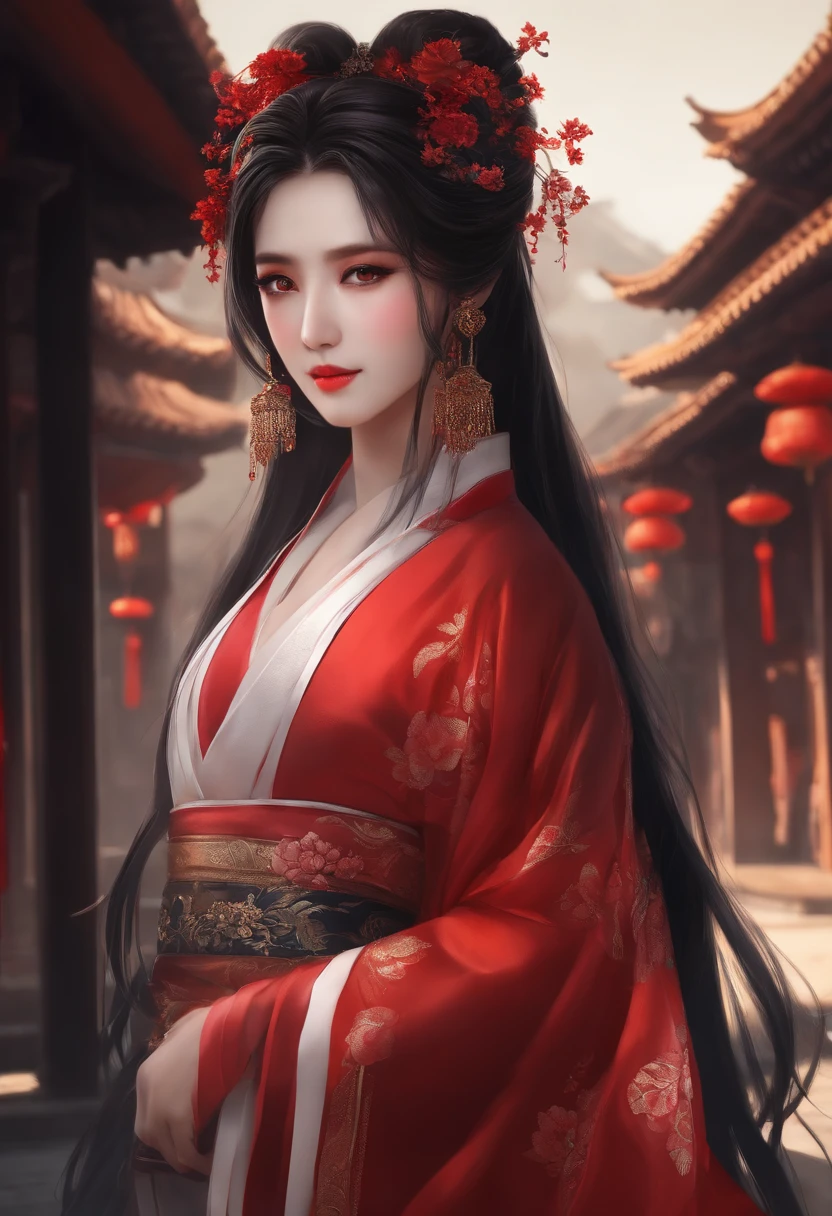 Official Art, Unity 8k wallpaper, ultra-detailed, beautiful, beautiful, masterpiece, best quality, mystery, romanticism, horror, literature, art, fashion, tang dynasty era, decoration, intricate, embroidery, red hanfu, red tulle jacket, 1 girl, big breasts, black hair, red headband, red hairpin, sad, fatalistic, bust composition, dramatic composition, movie lighting, dynamic perspective, sexy, bare thighs, bare shoulders, full of temptation, red maple forest, maple leaves falling, Red maple background, cloudy mist, dramatic composition,