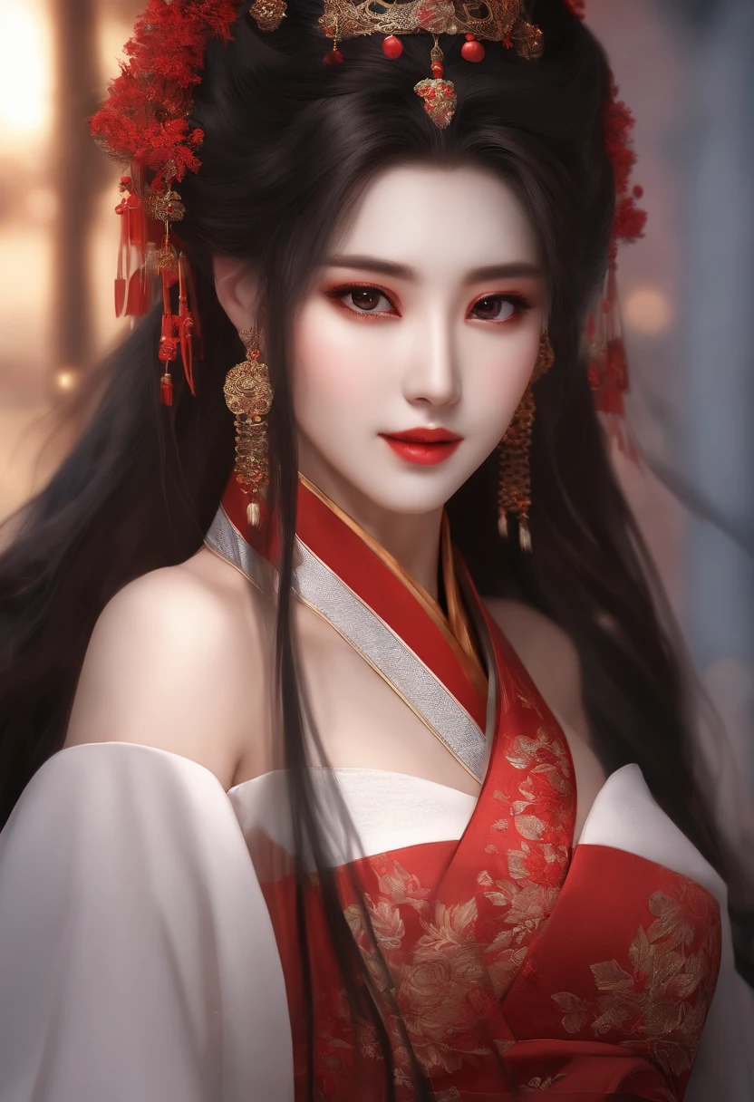 Showy anime，young anime man，An animated character of an extremely beautiful woman，Long black hair to the waist，Red ancient Chinese wedding dress，Royal sister anime girl，Red eyes，Faraway view，full bodyesbian，Lateral face，The expression is noble and cold，Stand under the street lamps of the city at modern night，k hd，detail processing：highr，light and shadow effect：highr，The light is dim