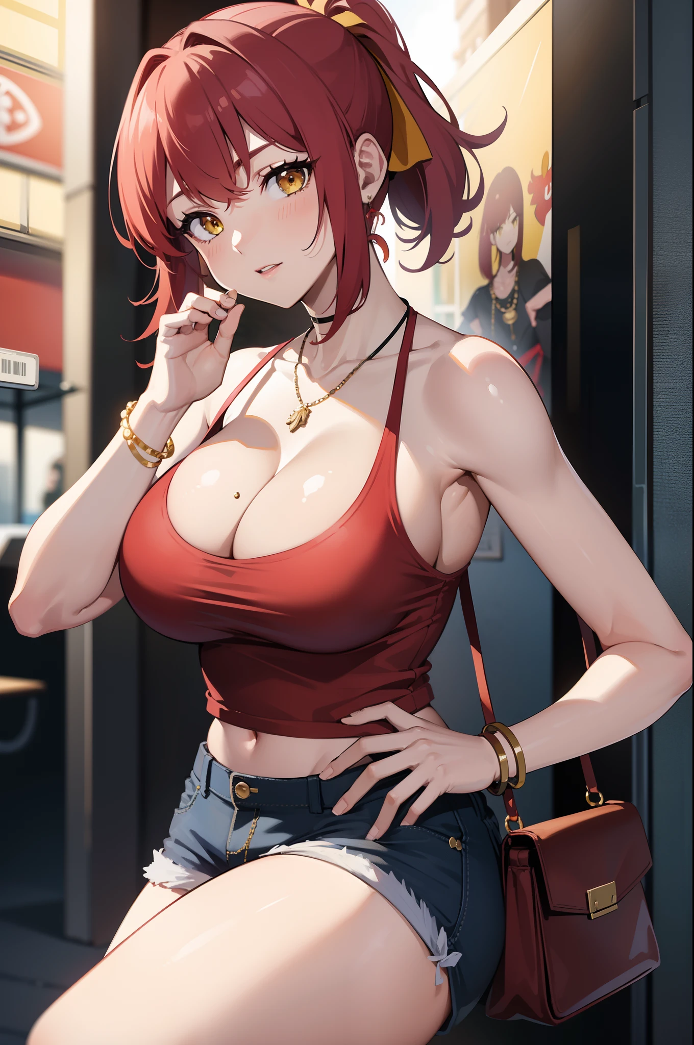 masterpiece, best quality, 4k, red hair, huge breasts, handbag, ponytail, tank top, necklaces, jewlery, short shorts, wide hips, gyaru, hair ribbon, yellow eyes,