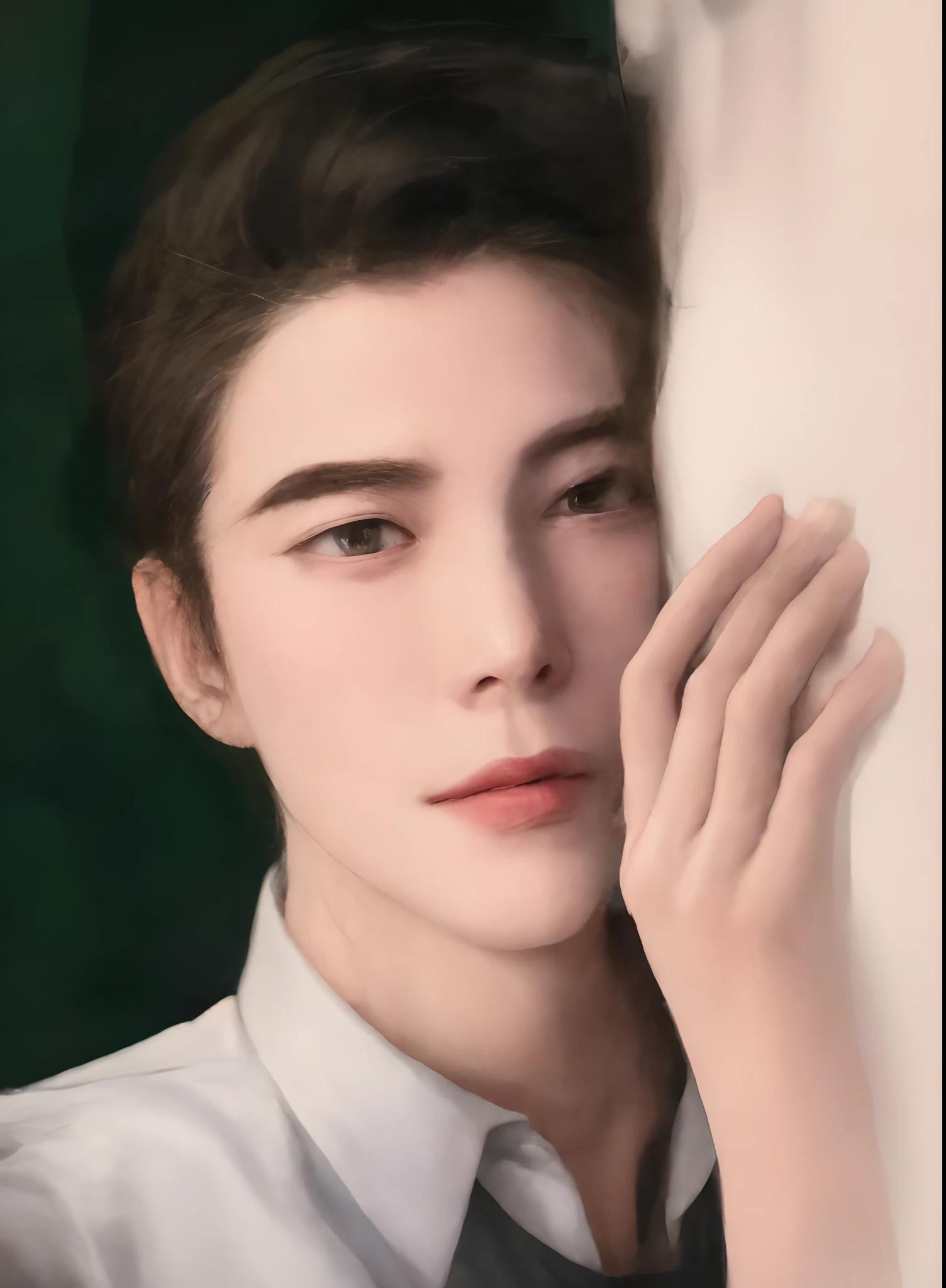 There is a picture of a person, leaning against the wall, inspired by Zhang Han, inspired by Yanjun Cheng, anime portrait of a handsome man, Realistic. cheng yi, based on Kim Hwan-gi, based on Huang Gongwang, inspired by Xiao Yuncong, inspired by Byung Sang-byeok, Inspired by Jongseok Lee