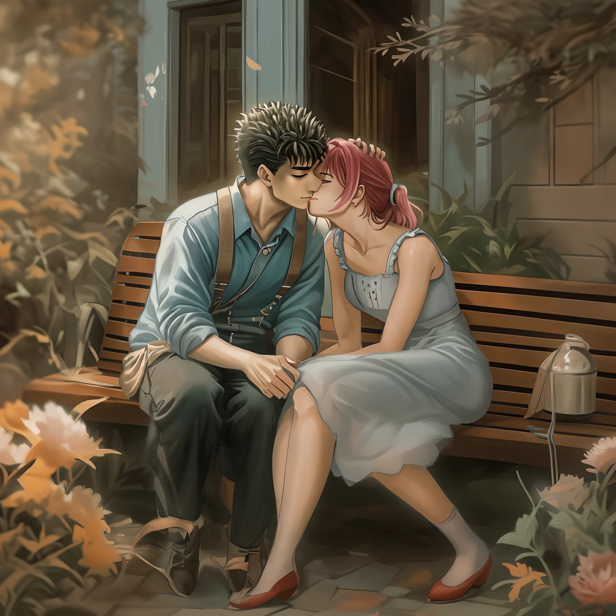 riamu and guts, a passionate couple deeply in love, are sitting together on a cozy bench in a beautiful garden. As they embrace in a warm, affectionate hug, their smiles radiate pure joy, capturing the essence of their love. The atmosphere is filled with a sense of tenderness and intimacy as they share a tender kiss, their lips delicately touching. The scene is bathed in soft, gentle lighting, casting warm tones on their faces, accentuating their features and creating a romantic ambience. Their eyes sparkle with love and adoration, the intricate details bringing them to life. The artwork is a masterpiece, meticulously crafted with utmost precision and attention to detail, achieving an ultra-detailed and realistic portrayal of this loving couple. The portraits depict the couple in vivid colors, showcasing the richness and depth of their emotions. The art style combines the beauty of realism with the artistic flair of portraiture, resulting in a mesmerizing composition. The overall effect is enchanting, evoking a sense of admiration and stirring the viewer's emotions.