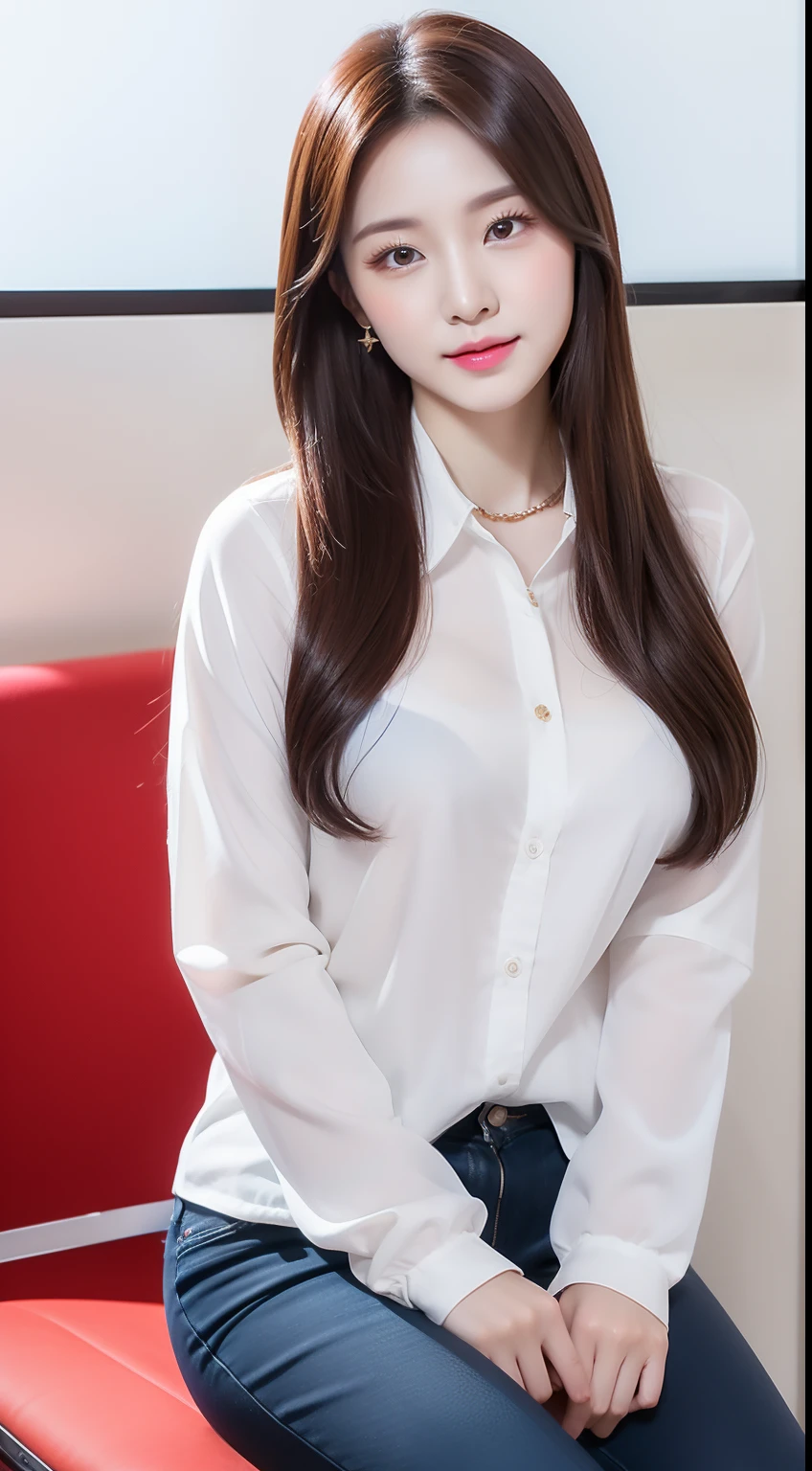 realistic photos of 1 cute Korean star, straight hair, white skin, thin makeup, 32 inch breasts size, wearing long sleeves shirt, sitting in office, upper body portrait, UHD
