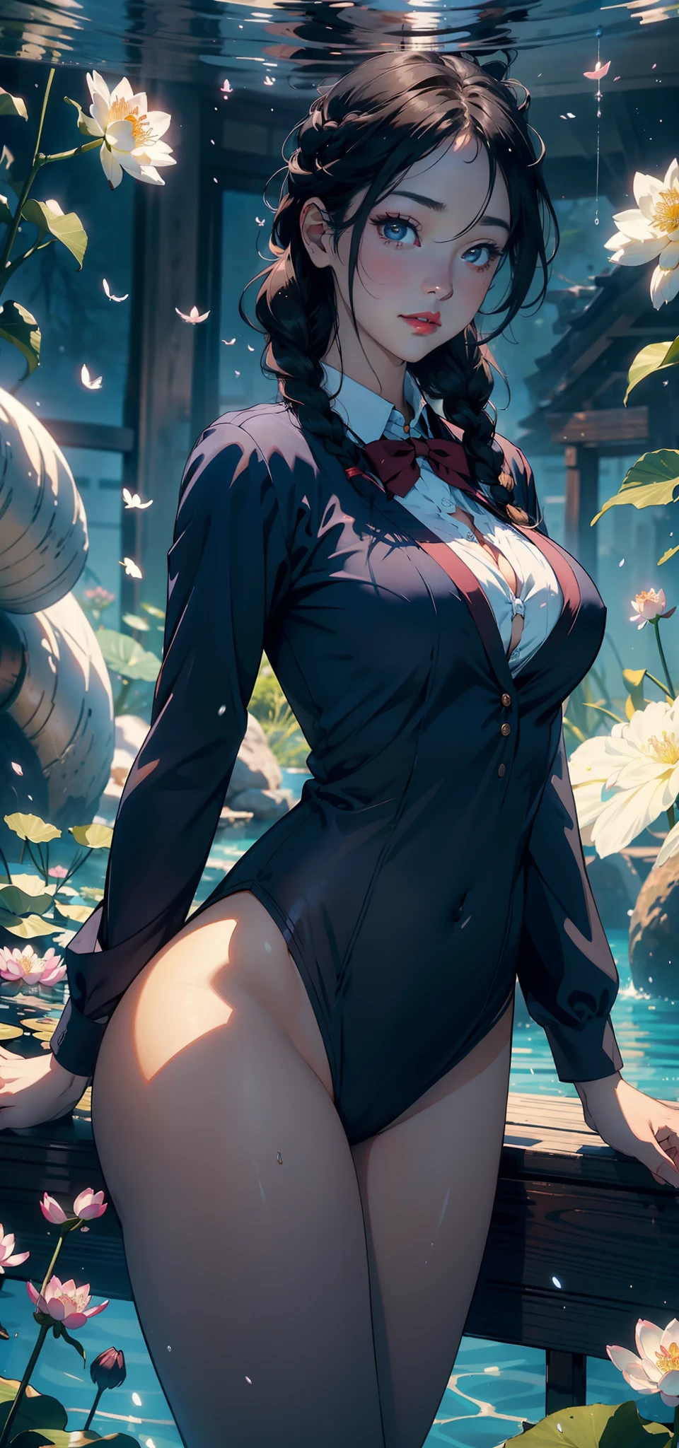 1female，35yo，plumw，extremely large bosom， 独奏，（Background with：ponds，Cherry blossom forest，lotus flower）Lie underwater， She has short black hair，standing on your feet，seen from the front， Twist braids， mostly cloudy sky，（（（tmasterpiece），（Very detailed CG unity 8K wallpaper），best qualtiy，cinmatic lighting，detailed back ground，beatiful detailed eyes，Bright pupils，Black eyes，Snow-whiteskin，Redlip（Very fine and beautiful），（Beautiful and detailed eye description），ultra - detailed，tmasterpiece，））facing at camera，A high resolution，ultra - detailed），revealing breasts，Bare genitalia，  Bulge，legs are open，Raised sexy，Camel toes，Flushed complexion，Desire for dissatisfaction，frontage，stewardess，Sailor uniform，Blue and white color scheme