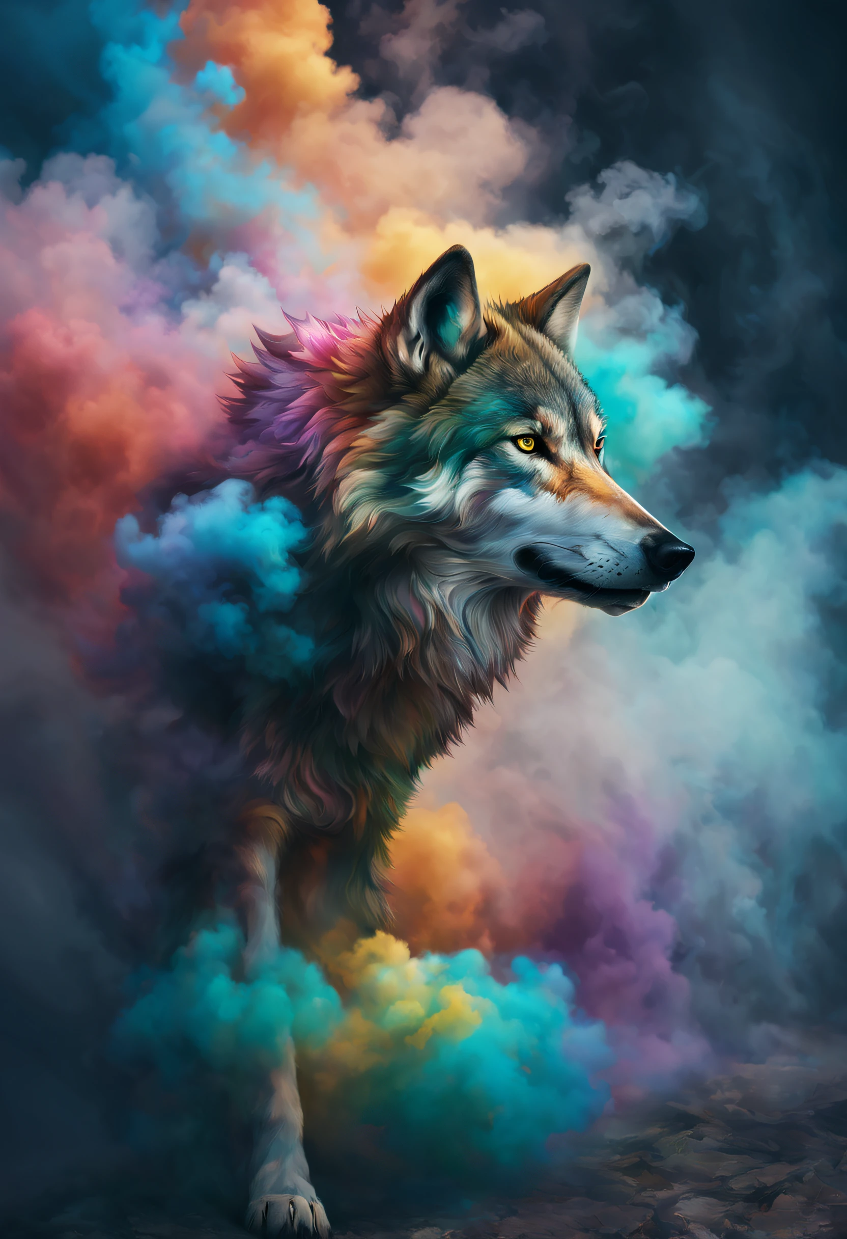 a wolf, partially covered by colored smoke, floating in the air. Plumes of multi-colored smoke swirling around and in front, featured on Artstation, sots art, fine arts journal cover, , action pose : : spotlight, trending on arts