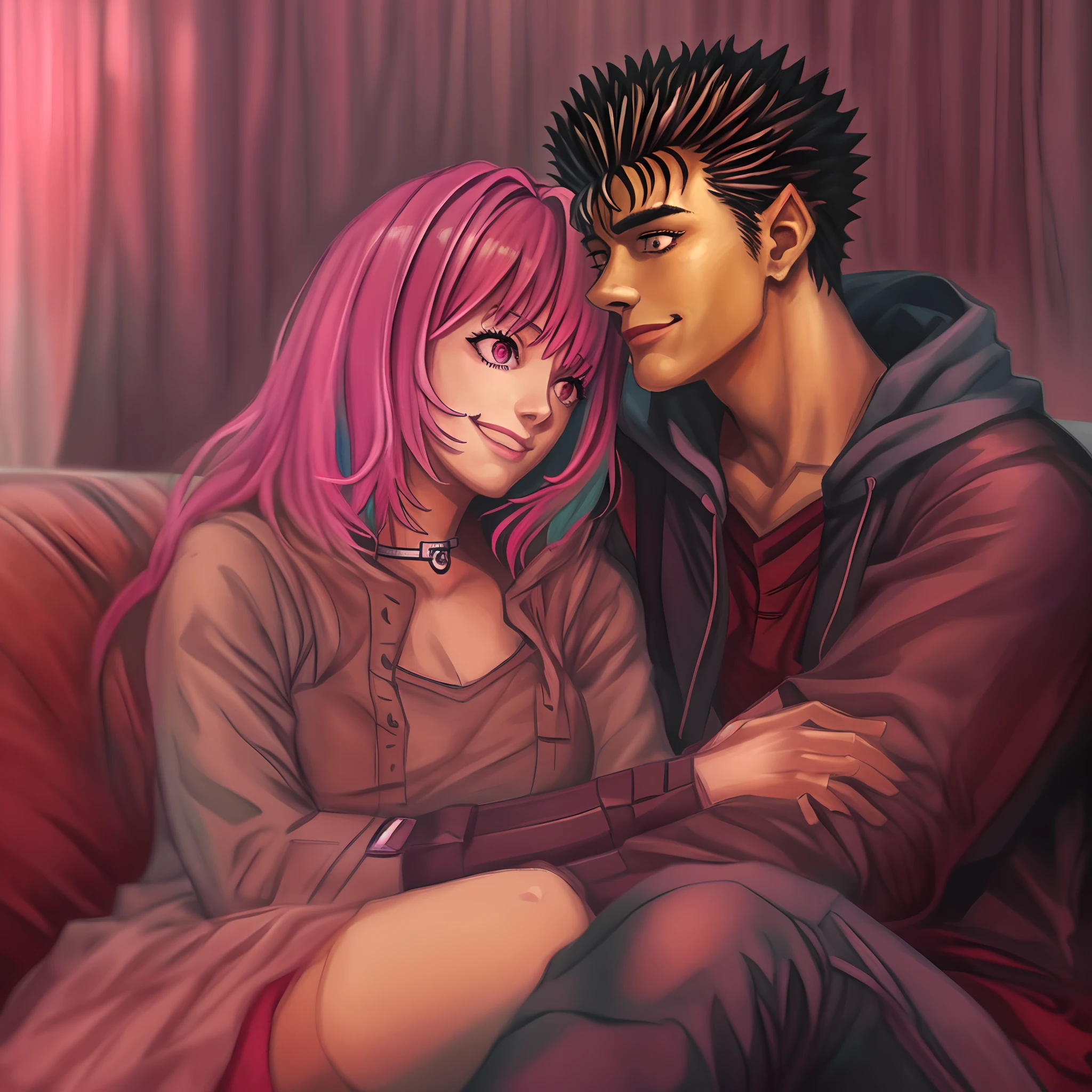 riamu,guts,couple,husband and wife,love dovey couple,sitting,hug,happy,smile,masterpiece:1.2,ultra-detailed,realistic:1.37,portraits,vivid colors,warm tones,soft lighting