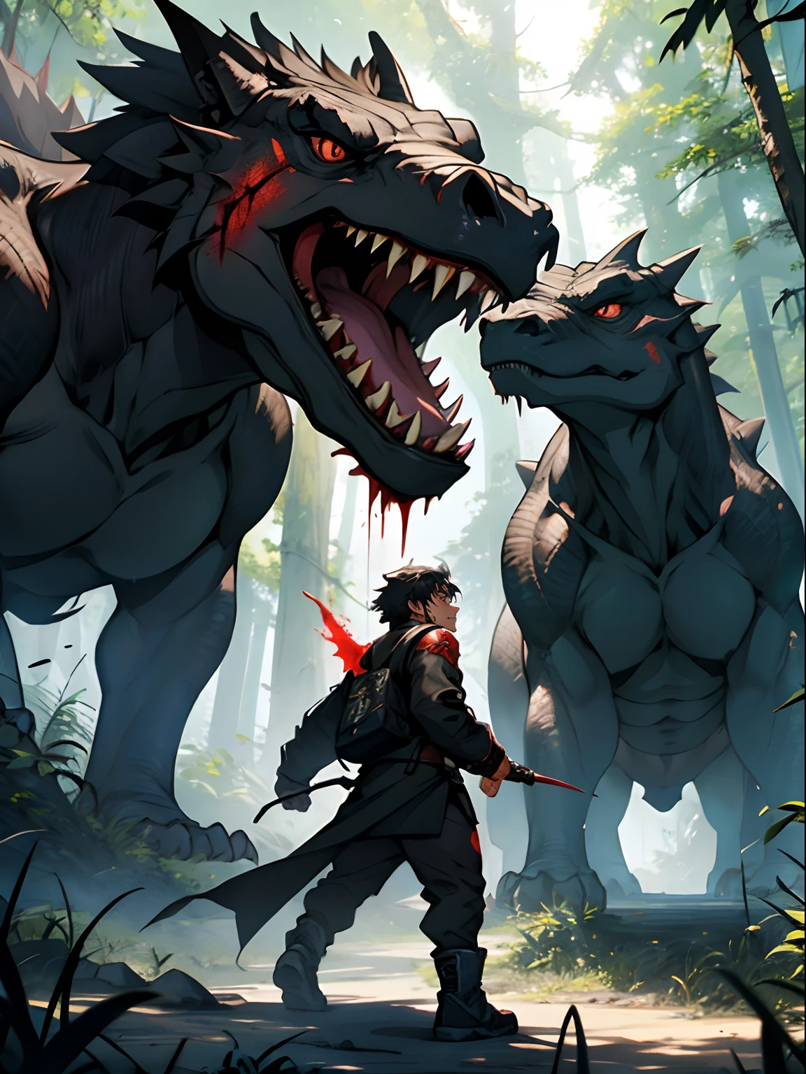 Black Tyrannosaurus rex。ferocious。blood vess。ln the forest。A bolt of lightning。terroral。