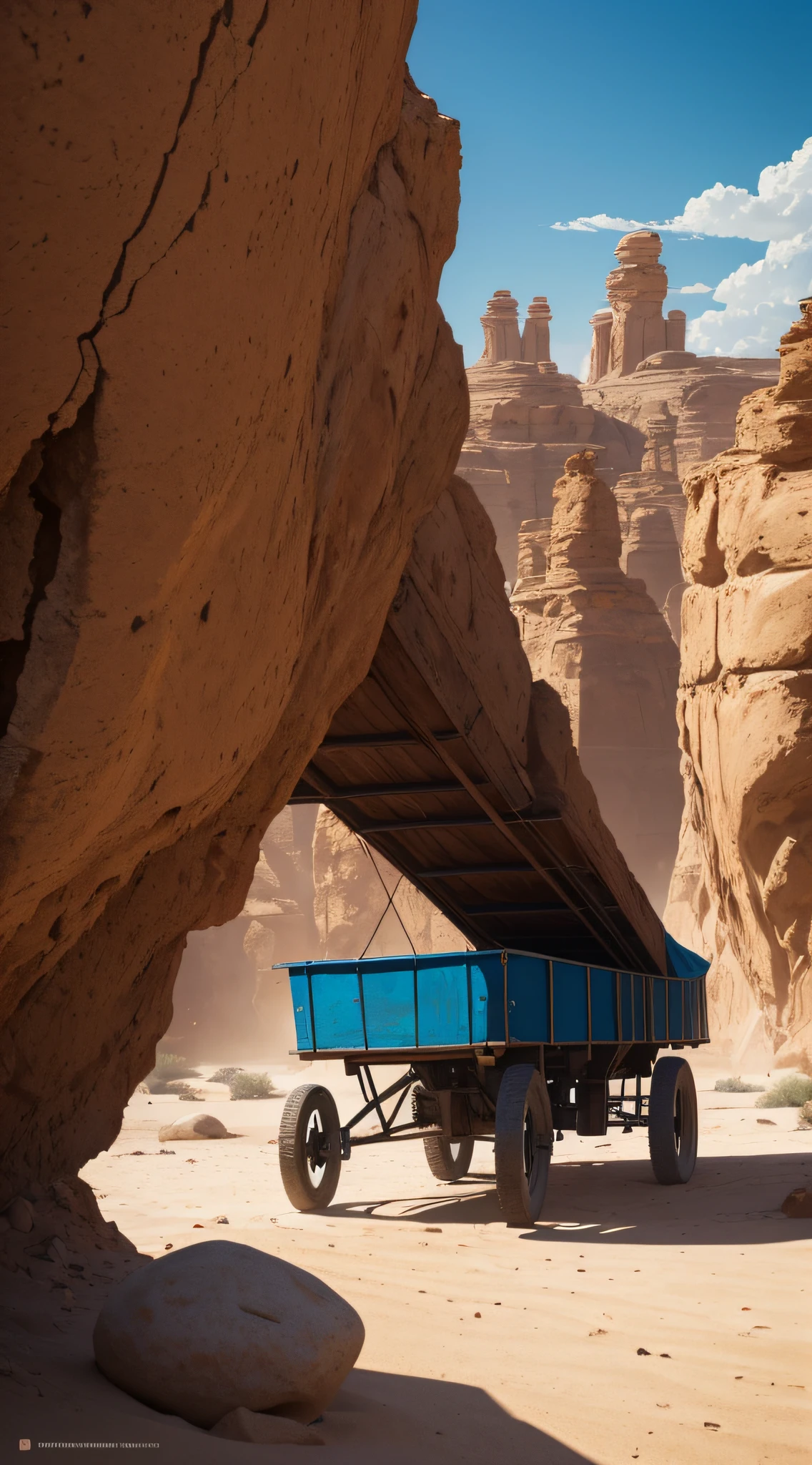 (best quality,4k,8k,highres,masterpiece:1.2),ultra-detailed,(realistic,photorealistic,photo-realistic:1.37),landscape,desert scene,detailed sand dunes,harsh sunlight,giant boulders,rocks and pebbles,immense size,heavy-duty machinery,dust and sand particles,sweating workers,tough physical labor,tanned skin,muscular arms and legs,determined expressions,protective goggles and hats,exhausting task,dehydrating heat,striking contrast,bright blue sky,shadows and highlights,scorching temperatures,desolate and barren,transportation of stones,large pushcarts,ropes and pulleys,straining muscles,sturdy wheels,ropes secured tightly,effective teamwork,unbearable weight,hazy distant horizon,unforgiving conditions,gritty textures,dynamic composition,desert oasis,refreshing blue water,resting under palm trees,stillness and solitude