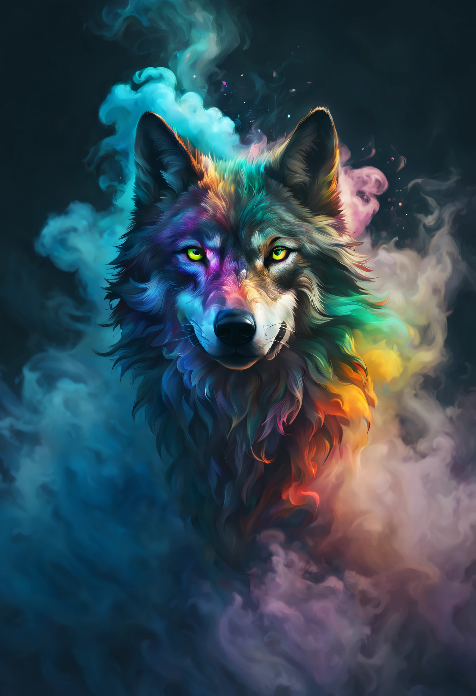 a wolf, partially covered by colored smoke, floating in the air. Plumes of multi-colored smoke swirling around and in front, featured on Artstation, sots art, fine arts journal cover, , action pose : : spotlight, trending on arts