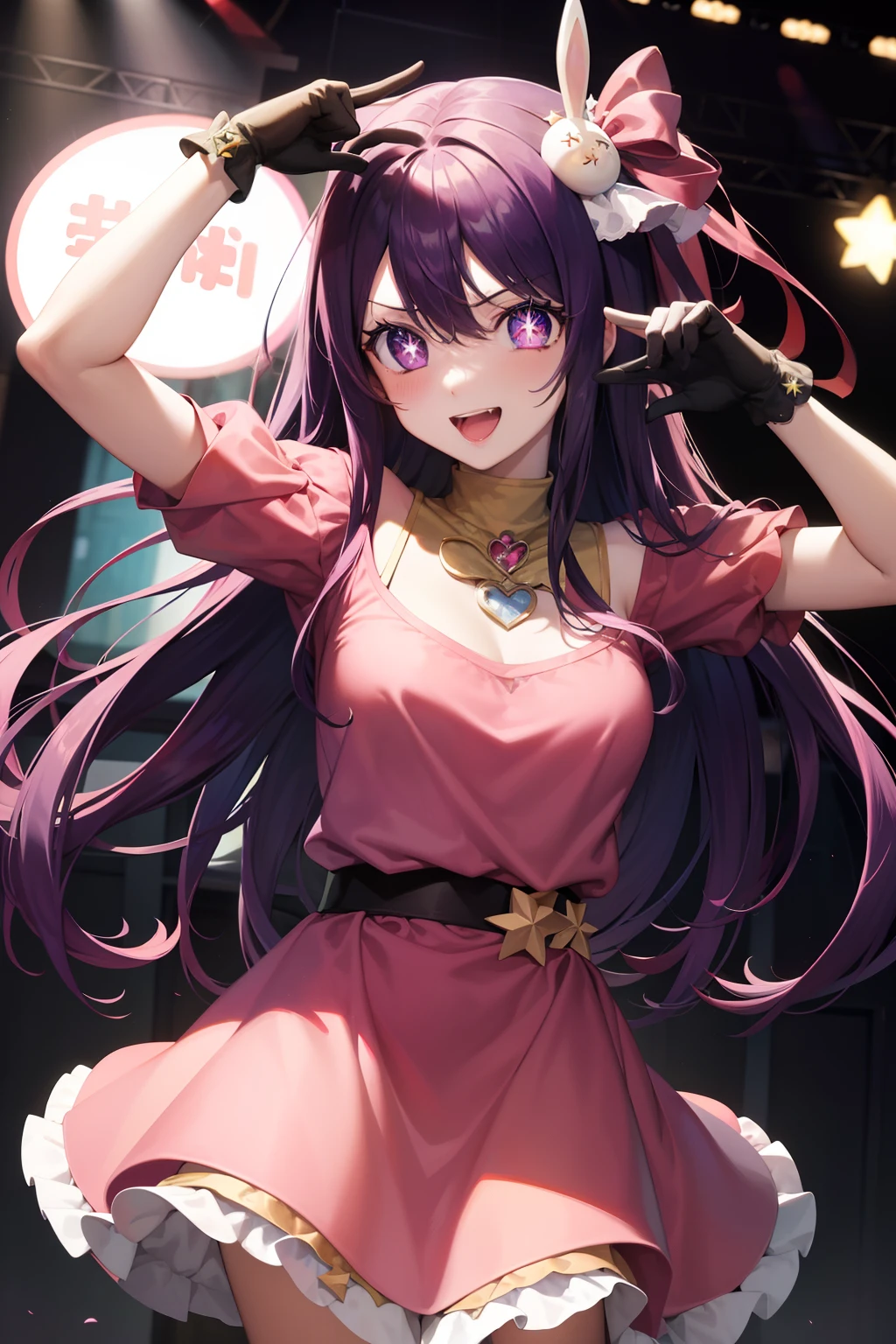 Ai Hoshino, Ai Hoshino, hair between eye, Hair Ornament, Hair Ribbon, Long hair, One side up, (Purple eyes:1.1), Purple hair, rabbit hair ornament, (star-shaped pupils:1.5), symbol-shaped pupils,Brake belt, Black belt, brooches, Dress, Pink dress, frilly dress, Ruffled gloves, frilld, gloves, heart brooch, Idol, Idol clothes, Jewelry, Pink gloves, Red Ribbon, bow ribbon, turtleneck dress,BREAK looking at viewer,Break indoors,BREAK (masutepiece:1.2), Best Quality, High resolution, Unity 8k壁纸, (Illustration:0.8), (Beautiful detailed eyes:1.6), extra detailed face, Perfect Lighting, extremely details CG, (Perfect hands, Perfect Anatomy),A smile、Concert Venues、live house、stage、cowboy  shot