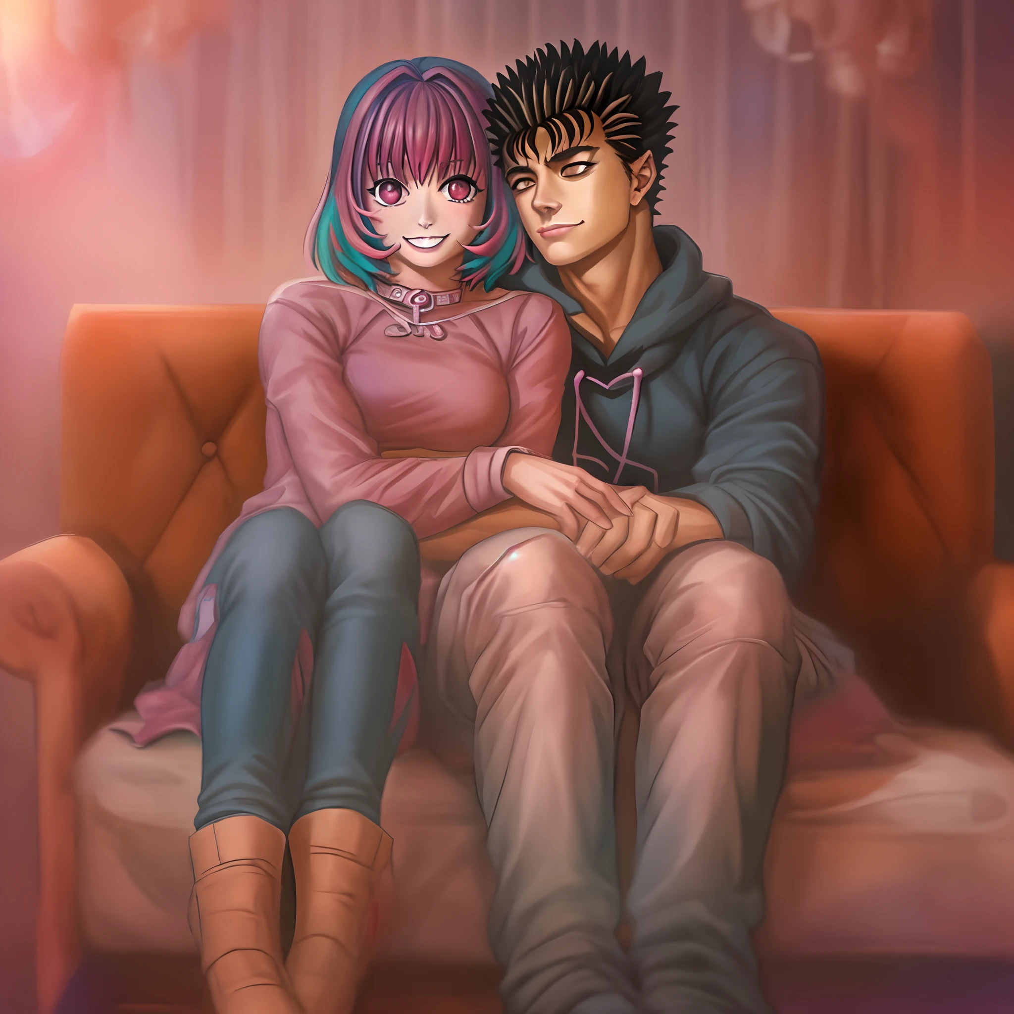 riamu,guts,couple,husband and wife,love dovey couple,sitting,hug,happy,smile,masterpiece:1.2,ultra-detailed,realistic:1.37,portraits,vivid colors,warm tones,soft lighting