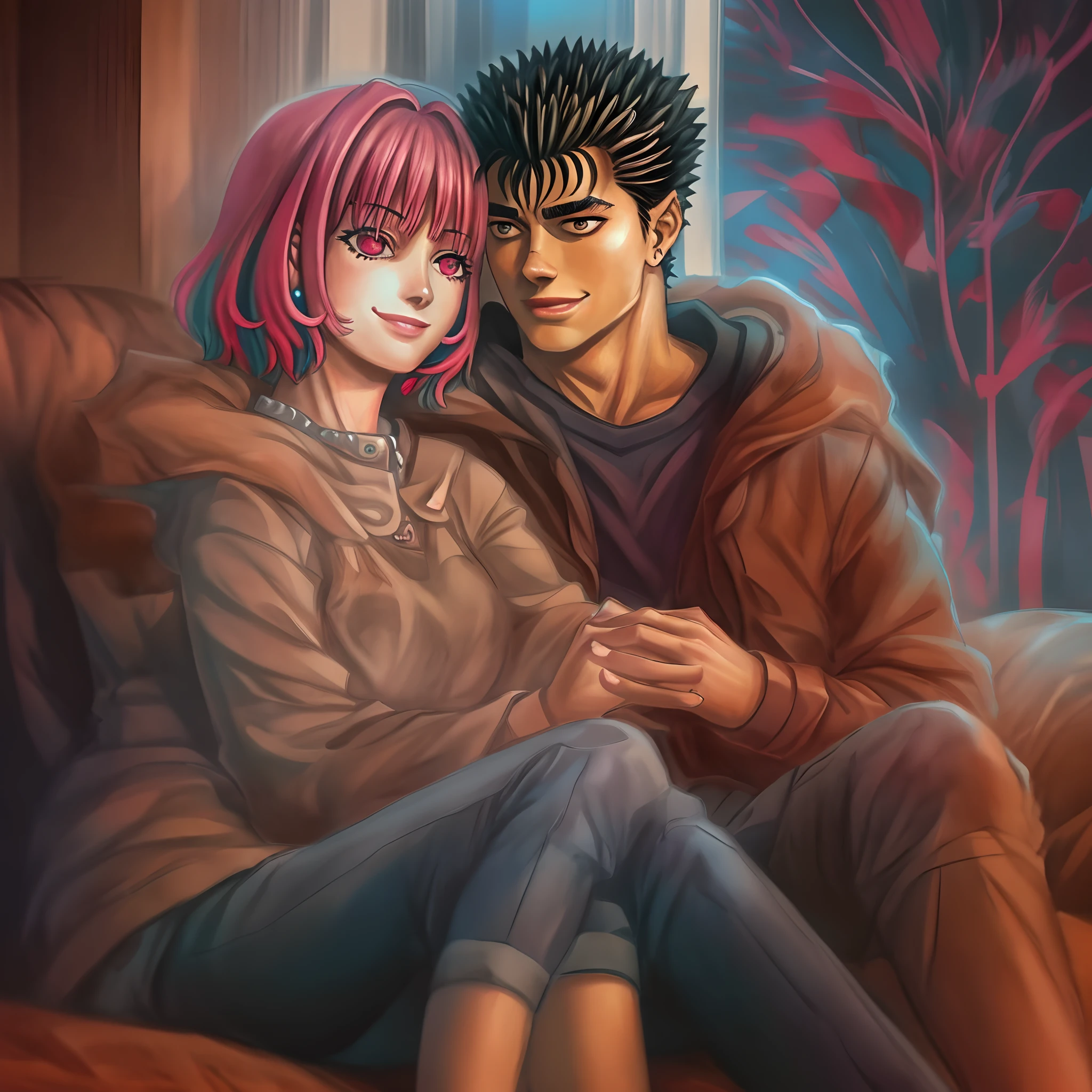 riamu,guts,couple,husband and wife,love dovey couple,sitting,hug,happy,smile,masterpiece:1.2,ultra-detailed,realistic:1.37,portraits,vivid colors,warm tones,soft lighting