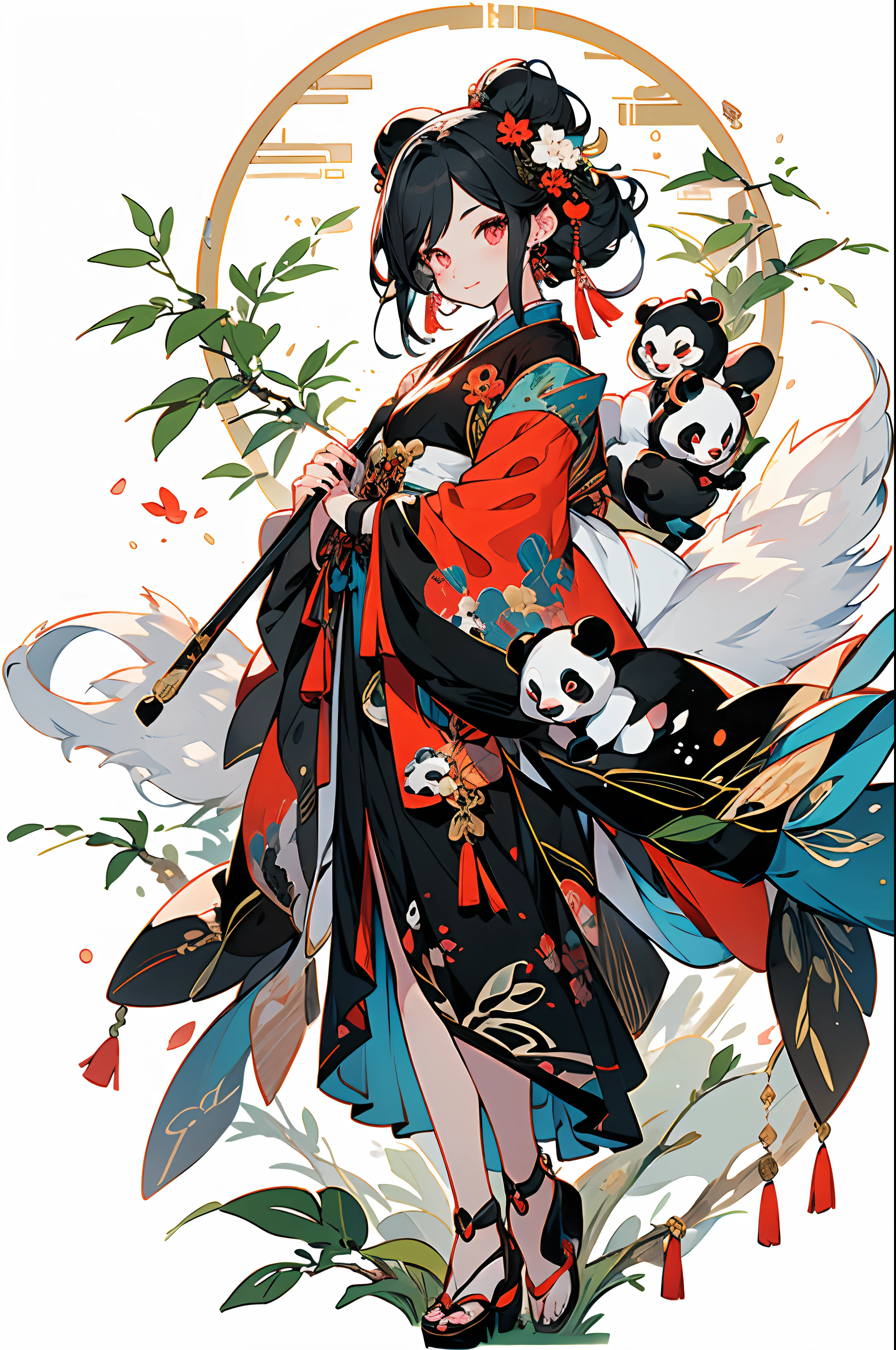 (Masterpiece:1.2)，Best quality，white backgrounid，Under bamboo leaves, (The panda sits on a branch)，pandas，（1Blittle girl：1.5，The upper part of the body，looking at viewert），Pink and white clothes，facial closeups，big beatiful eyes，detailed face with，Flashy clothes，Ethereal panda，(Chinese Panda)，Dreamy，Onmyoji detailed art，A beautiful artwork illustration，mythological creatures，pandas，Beautiful digital artwork，shoes，Footwear, China_dress,