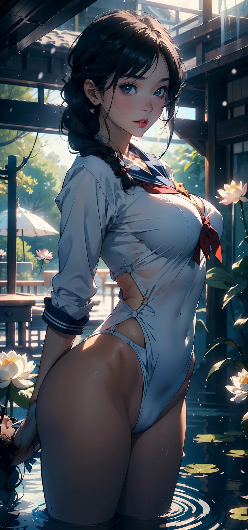 1female，35yo，plumw，extremely large bosom， 独奏，（Background with：ponds，Cherry blossom forest，lotus flower）Lie underwater， She has short black hair，standing on your feet，seen from the front， Twist braids， mostly cloudy sky，（（（tmasterpiece），（Very detailed CG unity 8K wallpaper），best qualtiy，cinmatic lighting，detailed back ground，beatiful detailed eyes，Bright pupils，Black eyes，Snow-whiteskin，Redlip（Very fine and beautiful），（Beautiful and detailed eye description），ultra - detailed，tmasterpiece，））facing at camera，A high resolution，ultra - detailed），revealing breasts，Bare genitalia，  Bulge，legs are open，Raised sexy，Camel toes，Flushed complexion，Desire for dissatisfaction，frontage，stewardess，Navy，（Wearing：Sailor uniform，Blue and white color scheme，Bare ）