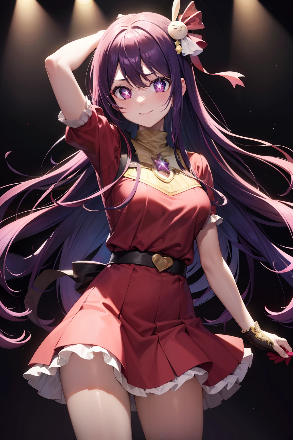 Ai Hoshino, Ai Hoshino, hair between eye, Hair Ornament, Hair Ribbon, Long hair, One side up, (Purple eyes:1.1), Purple hair, rabbit hair ornament, (star-shaped pupils:1.5), symbol-shaped pupils,Brake belt, Black belt, brooches, Dress, Pink dress, frilly dress, Ruffled gloves, frilld, gloves, heart brooch, Idol, Idol clothes, Jewelry, Pink gloves, Red Ribbon, bow ribbon, turtleneck dress,BREAK looking at viewer,Break indoors,BREAK (masutepiece:1.2), Best Quality, High resolution, Unity 8k壁纸, (Illustration:0.8), (Beautiful detailed eyes:1.6), extra detailed face, Perfect Lighting, extremely details CG, (Perfect hands, Perfect Anatomy),A smile、Concert Venues、live house、stage、cowboy  shot