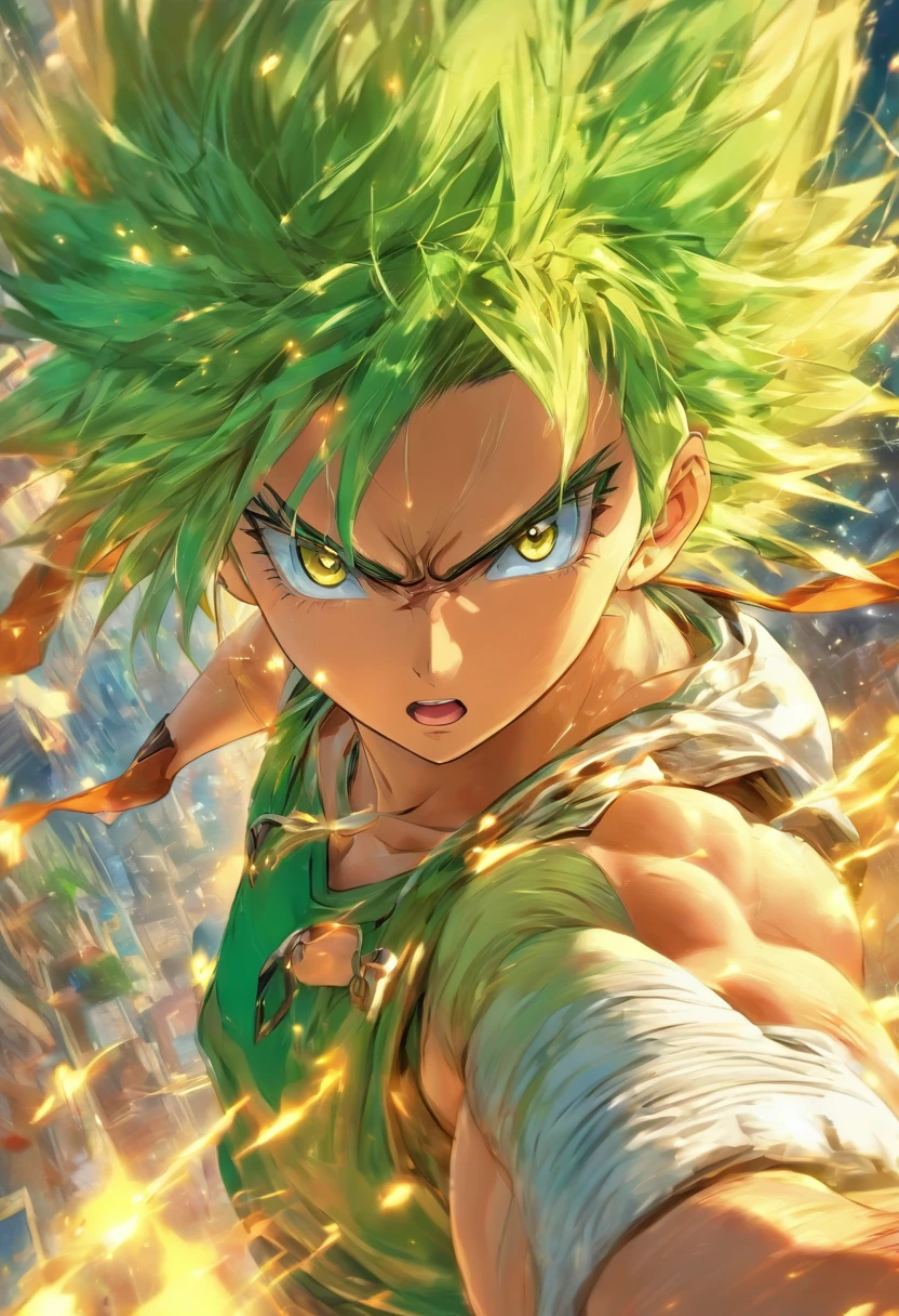 foreshortening, profundidade de campo, obra prima, best quality, 1rapaz, cabelo curto, cabelo loiro, cabelo arrepiado, Determined expression, pose de luta, usando cimitarra, roupas verdes