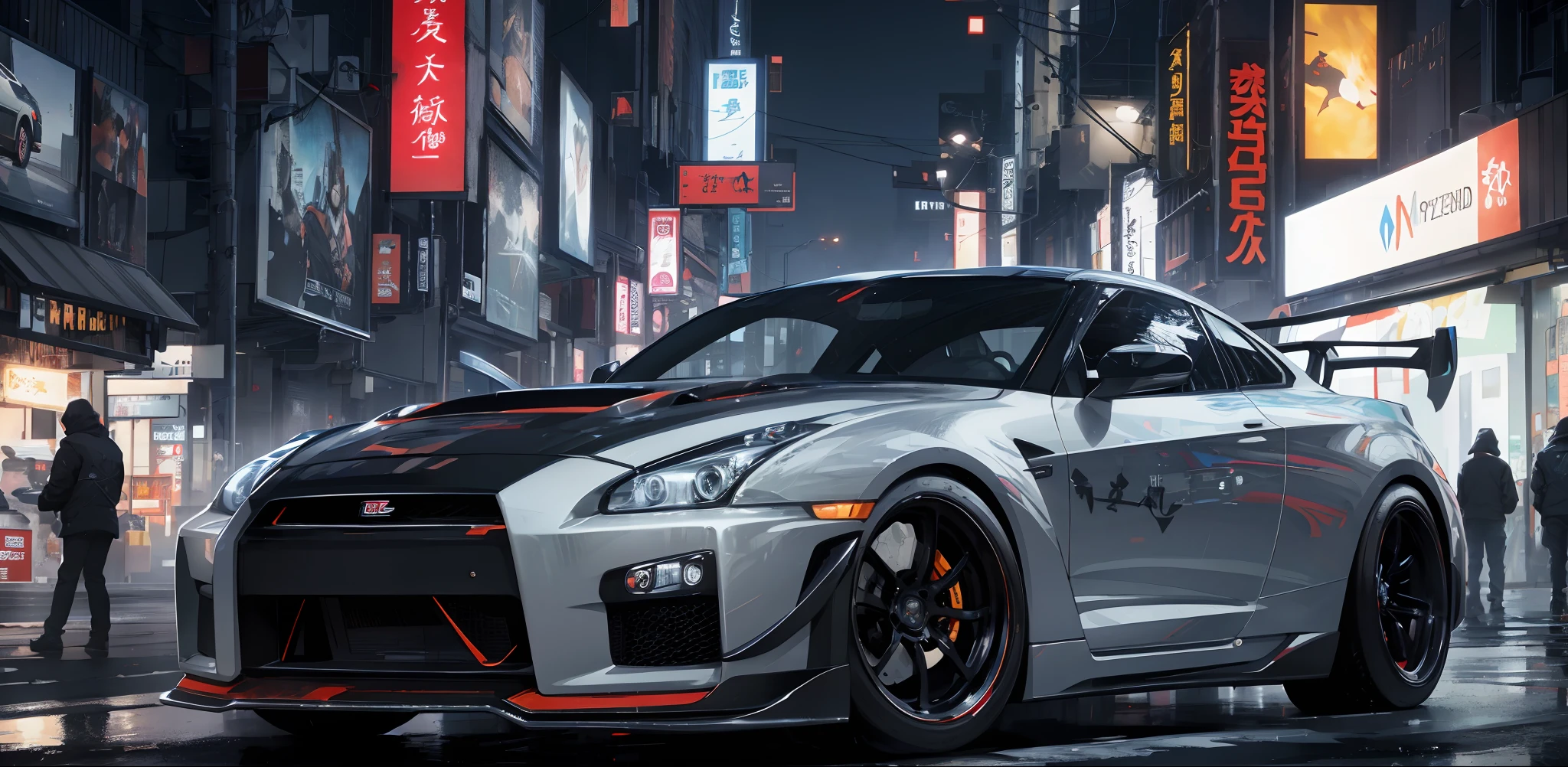 1 car, GTR r35, City street, futuristic, cyber, cyberpunk, night, beautiful lighting, colorful lighting, super detailed, wallpaper, 8k quality, masterpiece