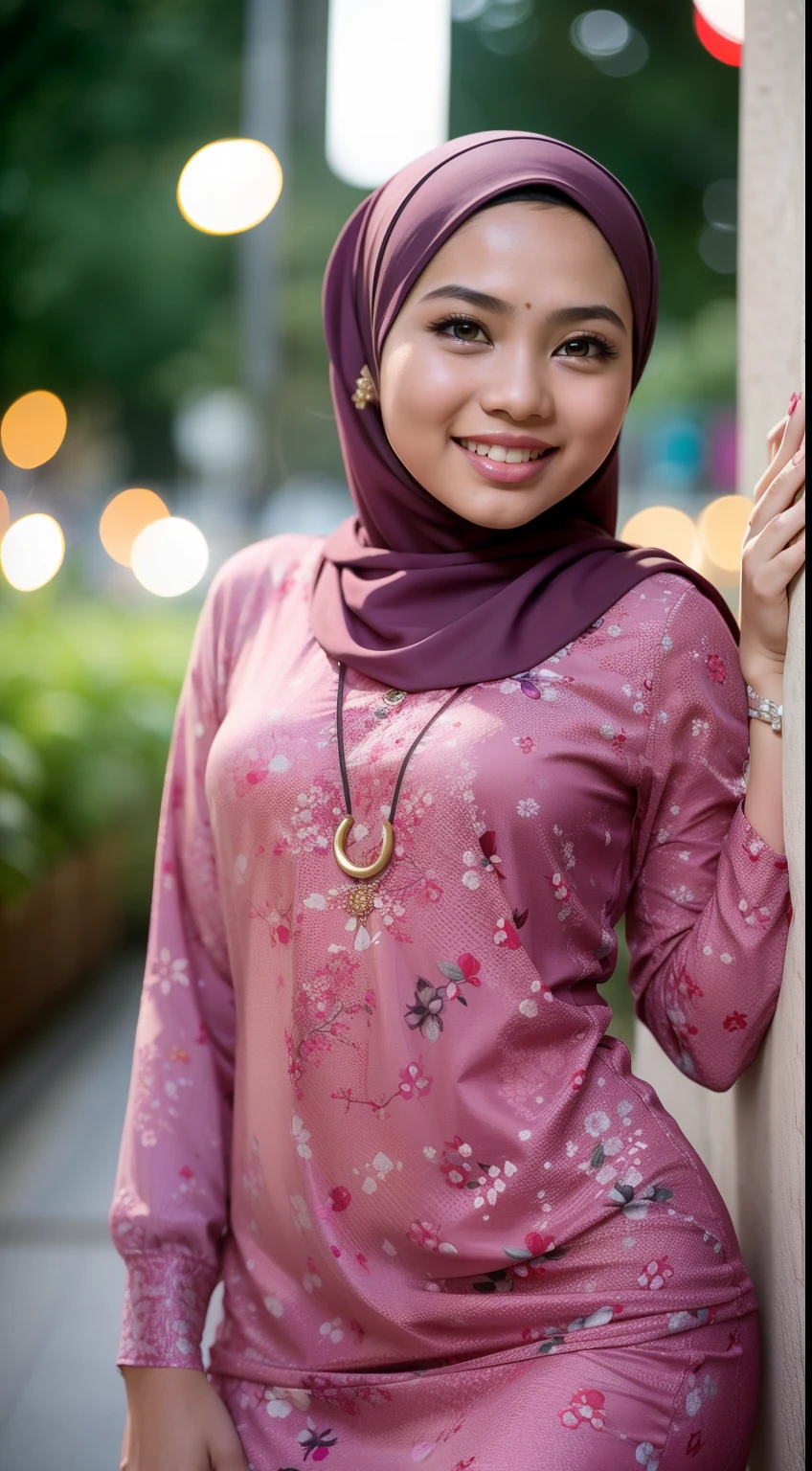 Malay girl in hijab wear small floral baju kurung malaysia in college, wear back pack, front view, detail skin, detail skin texture, mole below eyes, small breast, big hip, big waist, big thigh, slim abs, beautiful body, nighttime, laughing, happy, bright lighting, college student in background, crowded college, blur background, bokeh,