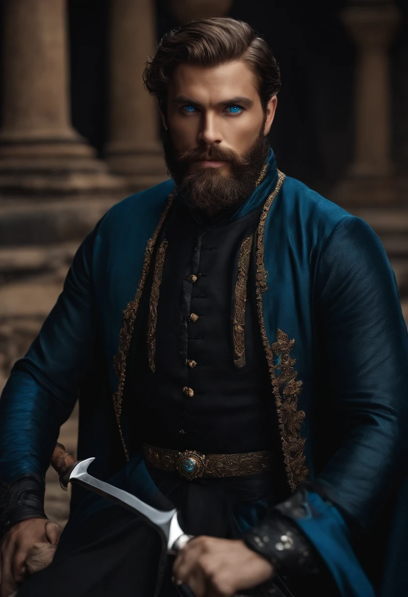Um deus do olimpo segurando firmimente uma espada de diamante. He has blue eyes and is bearded