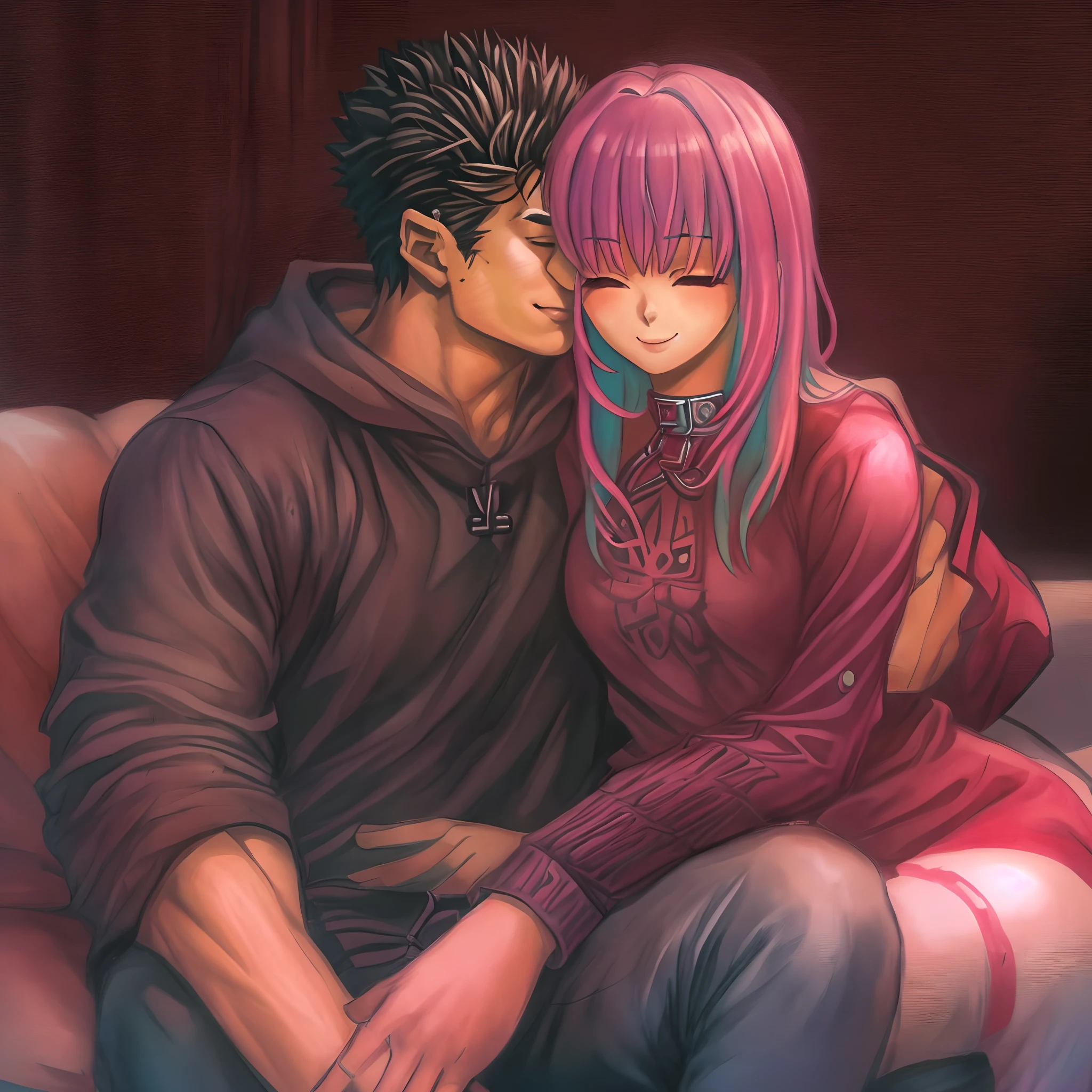 riamu,guts,couple,husband and wife,love dovey couple,sitting,hug,happy,smile,masterpiece:1.2,ultra-detailed,realistic:1.37,portraits,vivid colors,warm tones,soft lighting