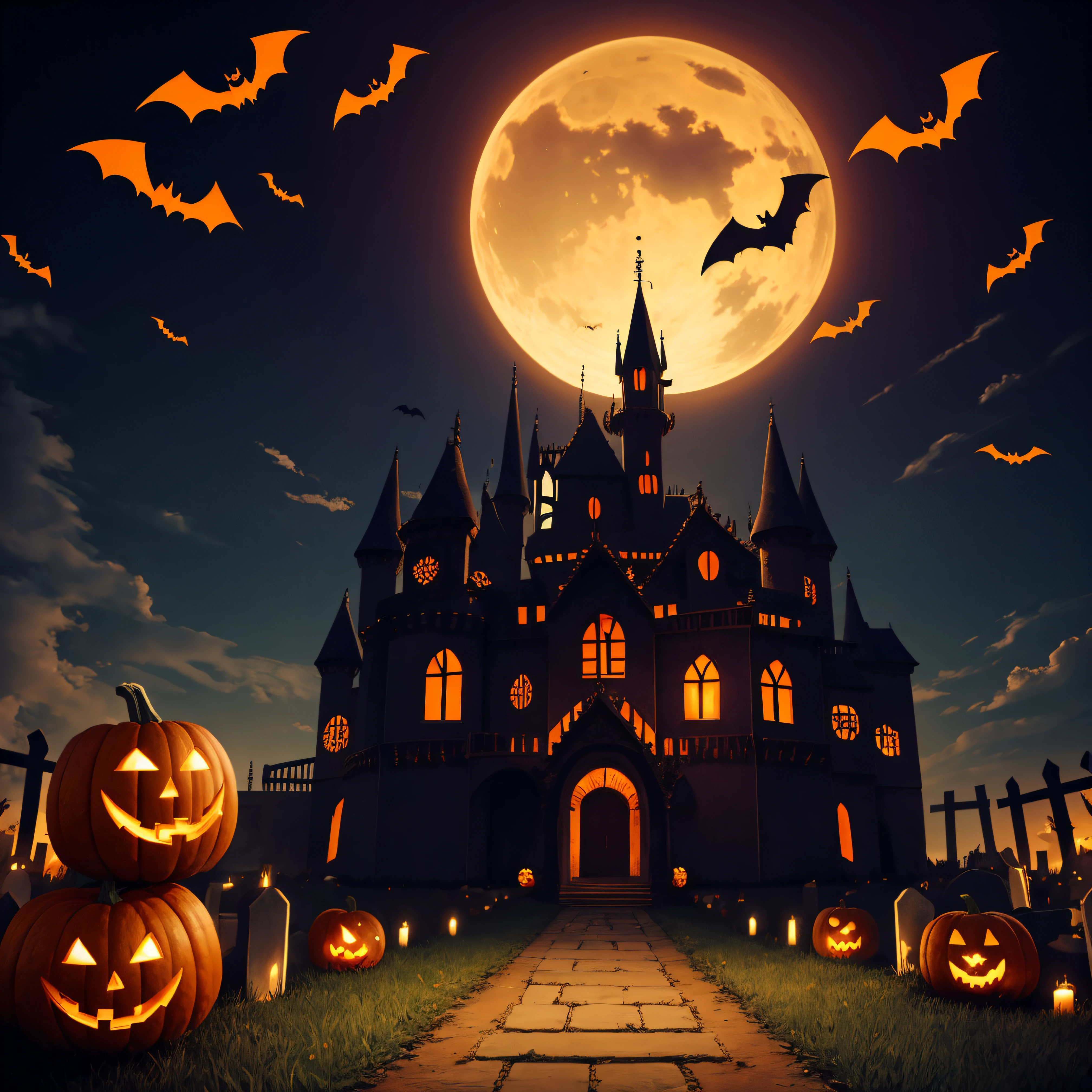 halloween pumpkin with spooky castle background and grave yard in front