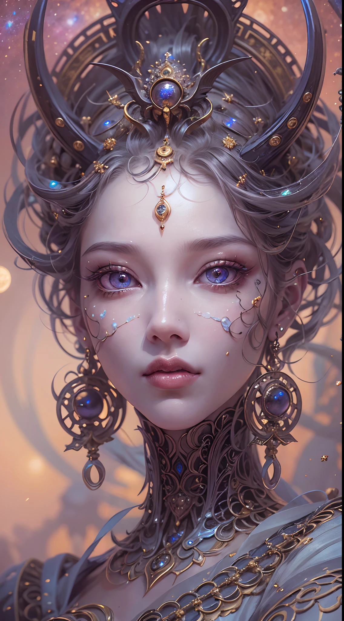 （best qualtiy，ultra - detailed，Most Best Illustration，Best shadow，tmasterpiece，A high resolution，professionalartwork，famousartwork），Detailed eyes，beautidful eyes，closeup cleavage，sci-fy，colored sclera，Robot eyes，face markings，Tattooed with，（fractalized，Fractal eyes），largeeyes，Wide eyes，（Eye focus），sface focus，Cosmic eyes，Space eyes，Close-up of metal sculpture of a woman with a moon in her hair，goddes。extremly high detail，3 d goddess portrait，Extremely detailed footage of the goddess，a stunning portrait of a goddess，Side image of the goddess，portrait of a beautiful goddess，Full body close-up portrait of the goddess，hecate goddess，portrait of a norse moon goddess，goddess of space and time