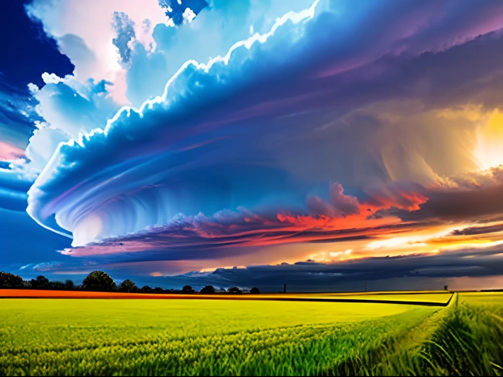 grass field，American countryside，American Highway。Supercell storm，Spectacular，immense cloud