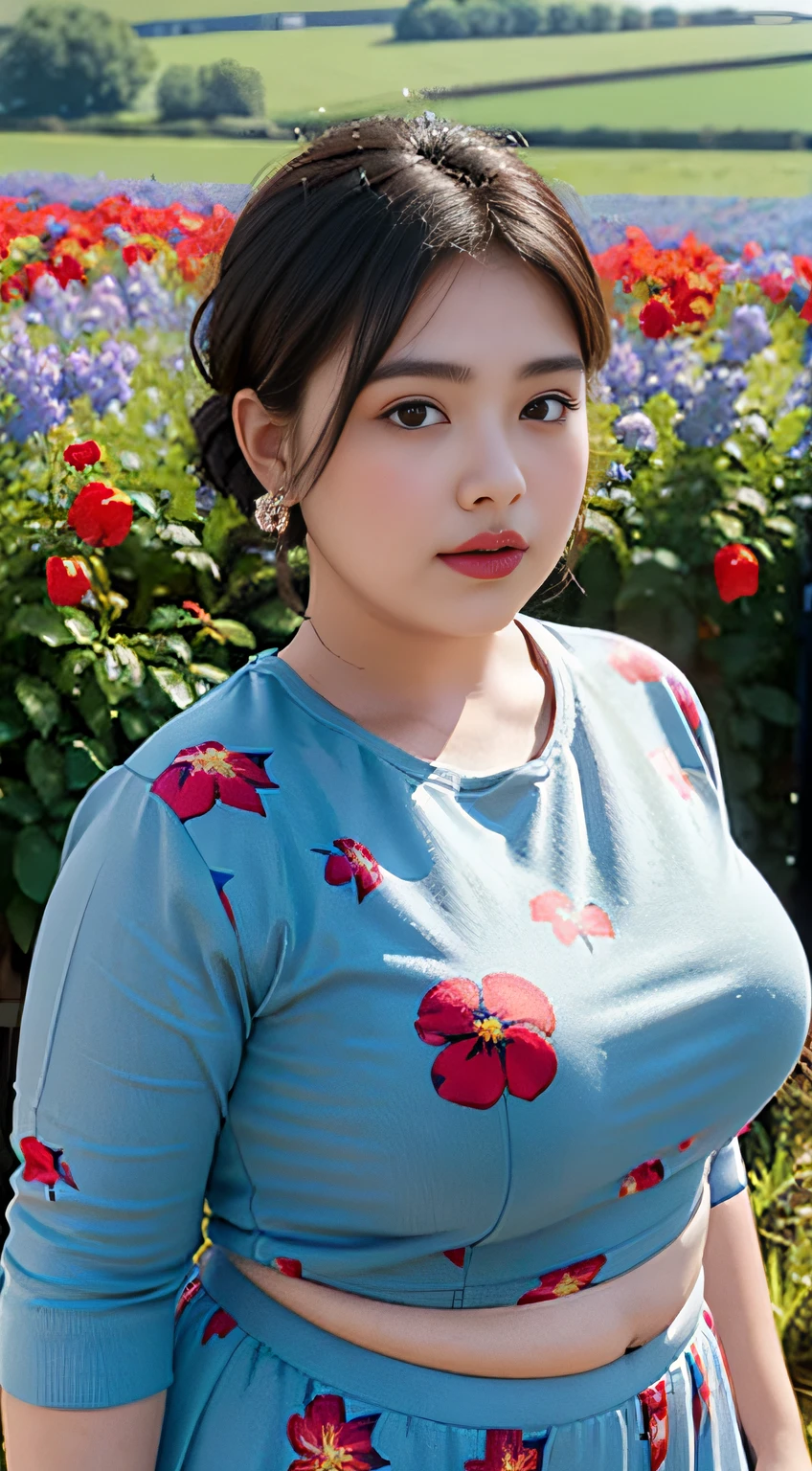 1 girl, Obese body, generous dimensions, face round, double chin, Overweight,Short hair tied up ,Crewneck dress，Printed with red and blue flowers ，navel，Put her weight on her chest，looks into camera，Rural fields