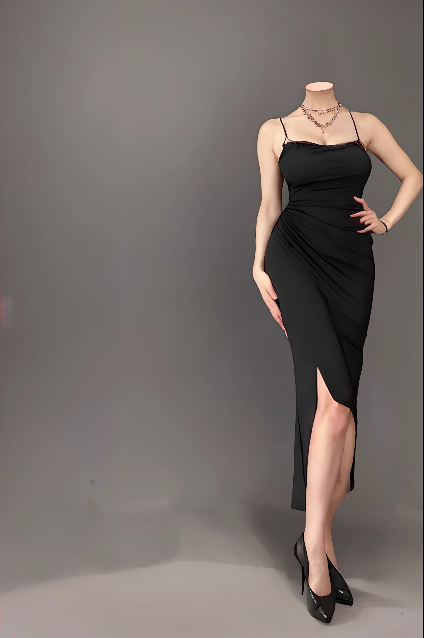1girl, matured female,  photo, realistic, best quality, hires, deleted face, solid background, black dress, black pantyhose, female president, necklace, Accessories, luxury watches, sitting, full body, headless